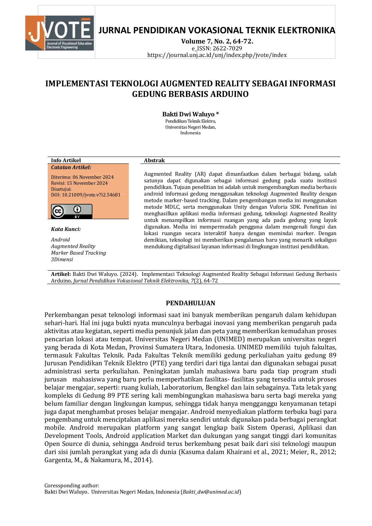 JURIS Implementasi Teknologi Augmented Reality Sebagai Informasi Gedung Berbasis Arduino