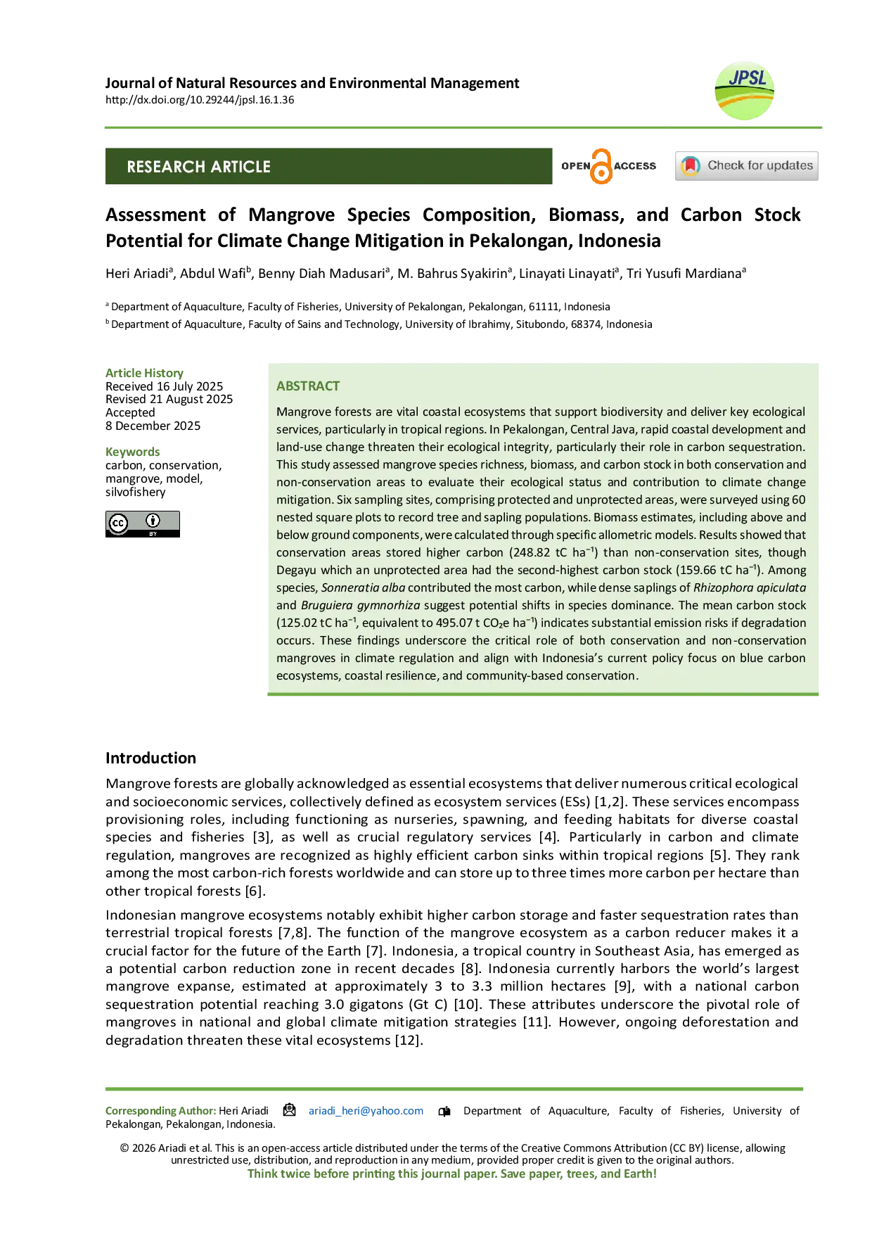 JURIS Assessment of Mangrove Species Composition Biomass and Carbon Stock Potential for Climate Change Mitigation in Pekalongan Indonesia