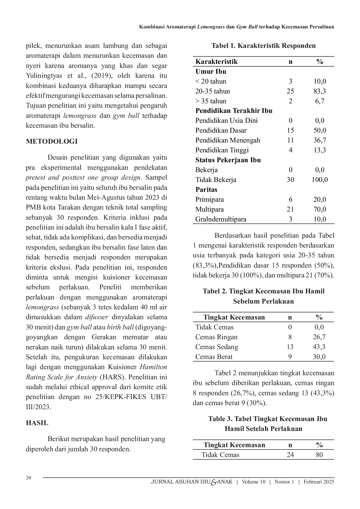 JURIS Kombinasi Aromaterapi Lemongrass Dan Gym Ball Terhadap Kecemasan Persalinan