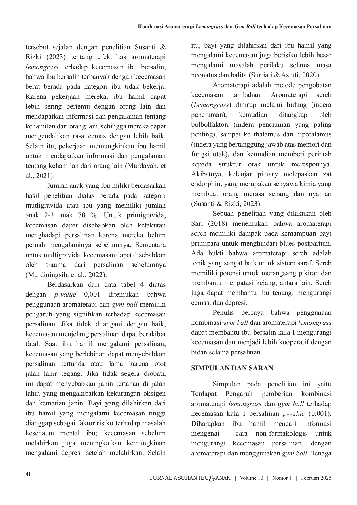 JURIS Kombinasi Aromaterapi Lemongrass Dan Gym Ball Terhadap Kecemasan Persalinan