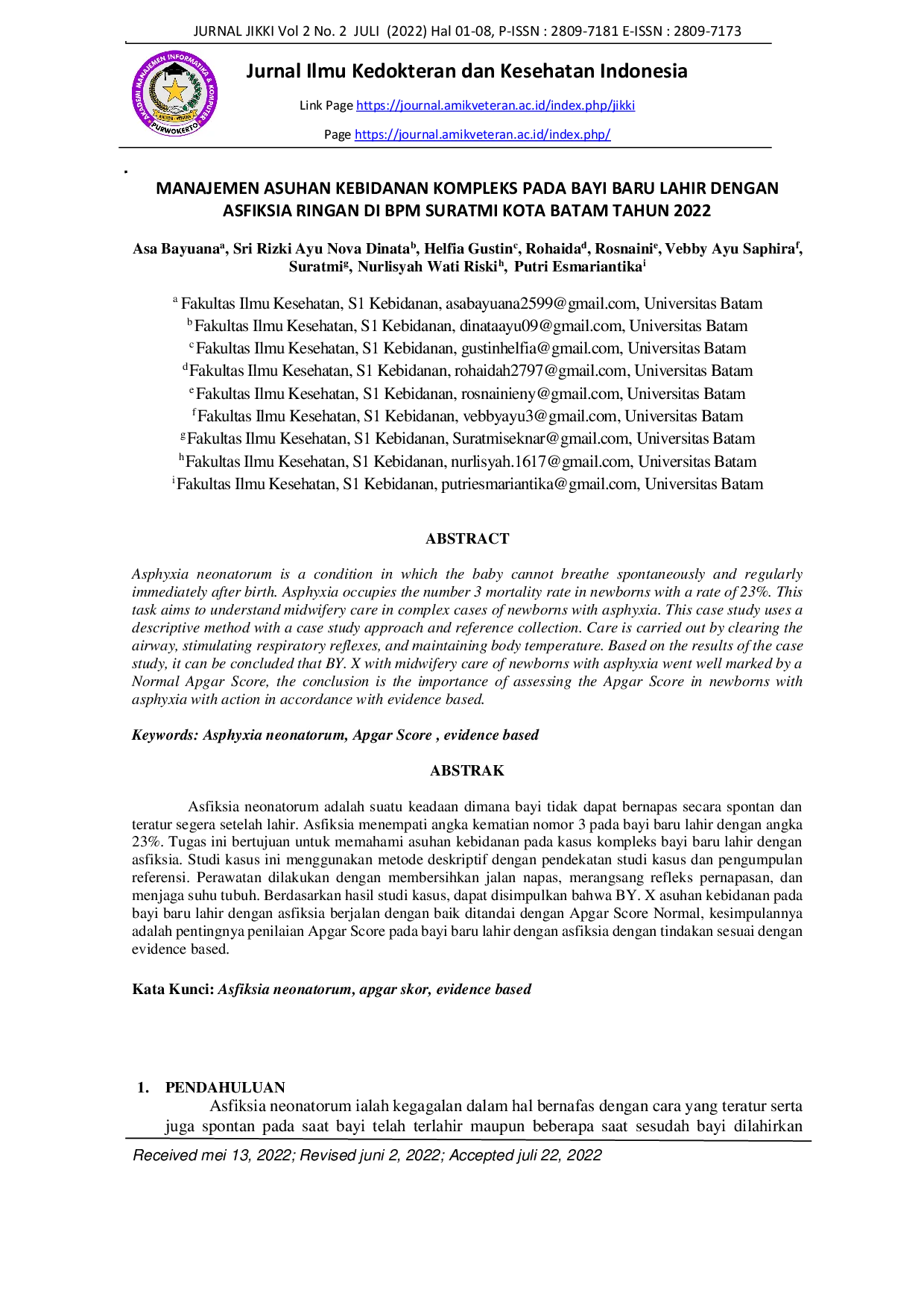 JURIS Manajemen Asuhan Kebidanan Kompleks Pada Bayi Baru Lahir Dengan Asfiksia Ringan Di BPM Suratmi Kota Batam Tahun 2022