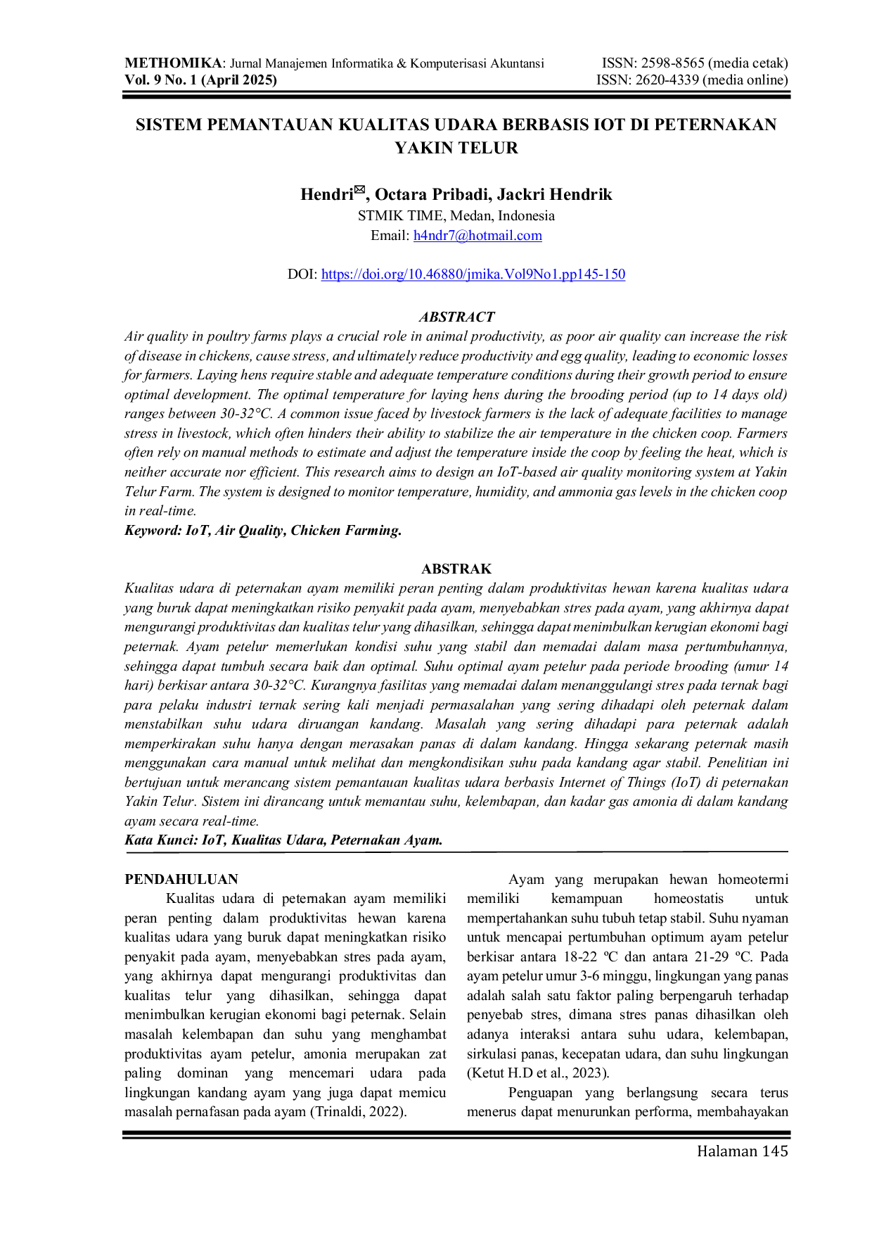 JURIS Sistem Pemantauan Kualitas Udara Berbasis IoT di Peternakan Yakin Telur