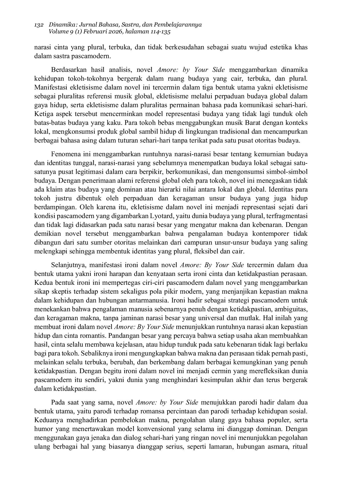JURIS Ekletisisme Ironi dan Parodi dalam Novel Amore By Your Side karya Bulan Nosarios Pascamodernisme Jean Francois Lyotard