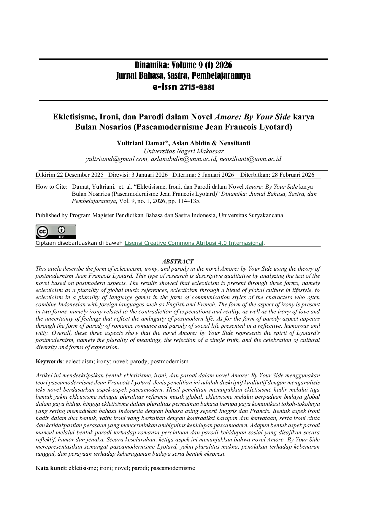 JURIS Ekletisisme Ironi dan Parodi dalam Novel Amore By Your Side karya Bulan Nosarios Pascamodernisme Jean Francois Lyotard
