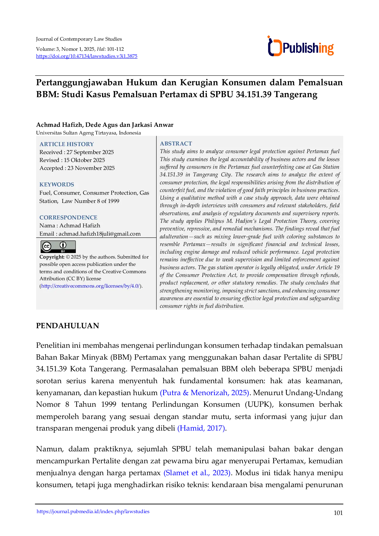 JURIS Pertanggungjawaban Hukum dan Kerugian Konsumen dalam Pemalsuan BBM Studi Kasus Pemalsuan Pertamax di SPBU 34 151 39 Tangerang