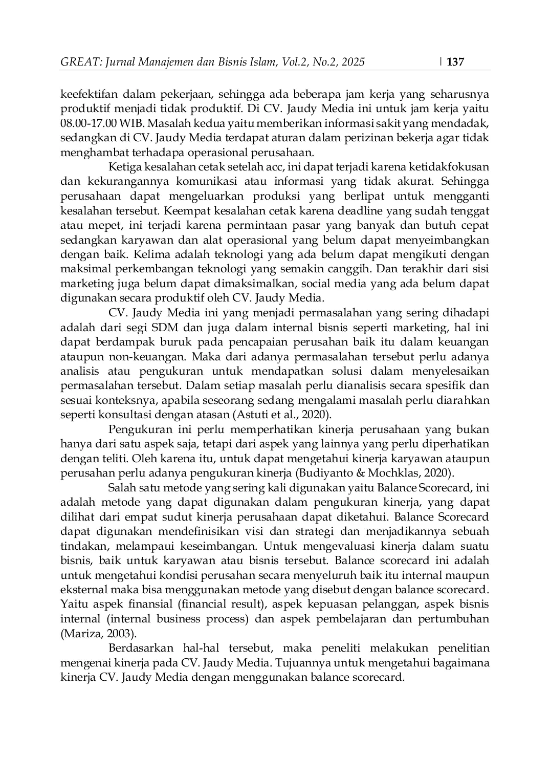 JURIS Analisis Kinerja Karyawan Dengan Menggunakan Balance Scorecard Pada CV Jaudy Media Ciamis