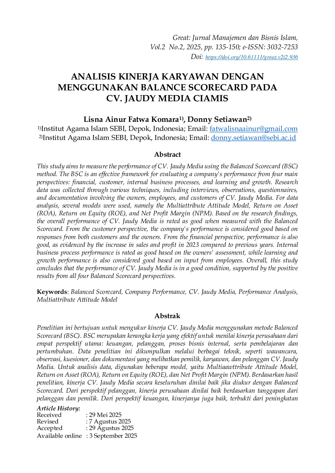 JURIS Analisis Kinerja Karyawan Dengan Menggunakan Balance Scorecard Pada CV Jaudy Media Ciamis