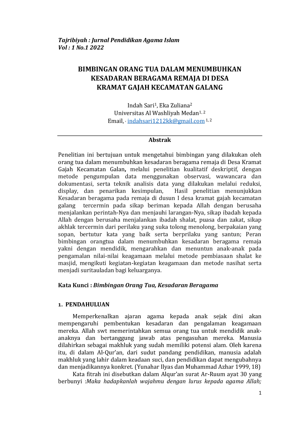 JURIS Bimbingan Orang Tua Dalam Menumbuhkan Kesadaran Beragama Remaja Di Desa Kramat Gajah Kecamatan Galang