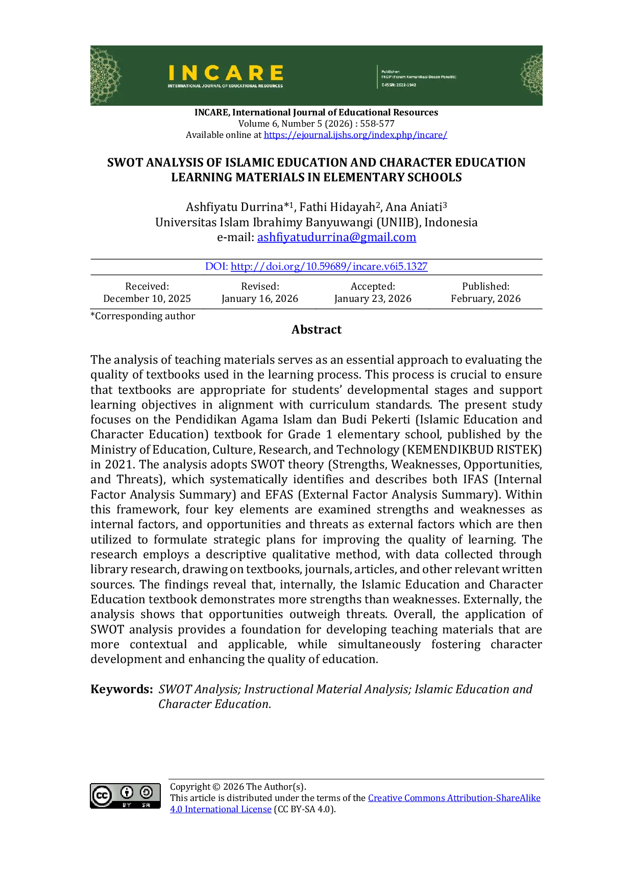 JURIS SWOT Analysis of Islamic Education and Character Education Learning Materials in Elementary Schools
