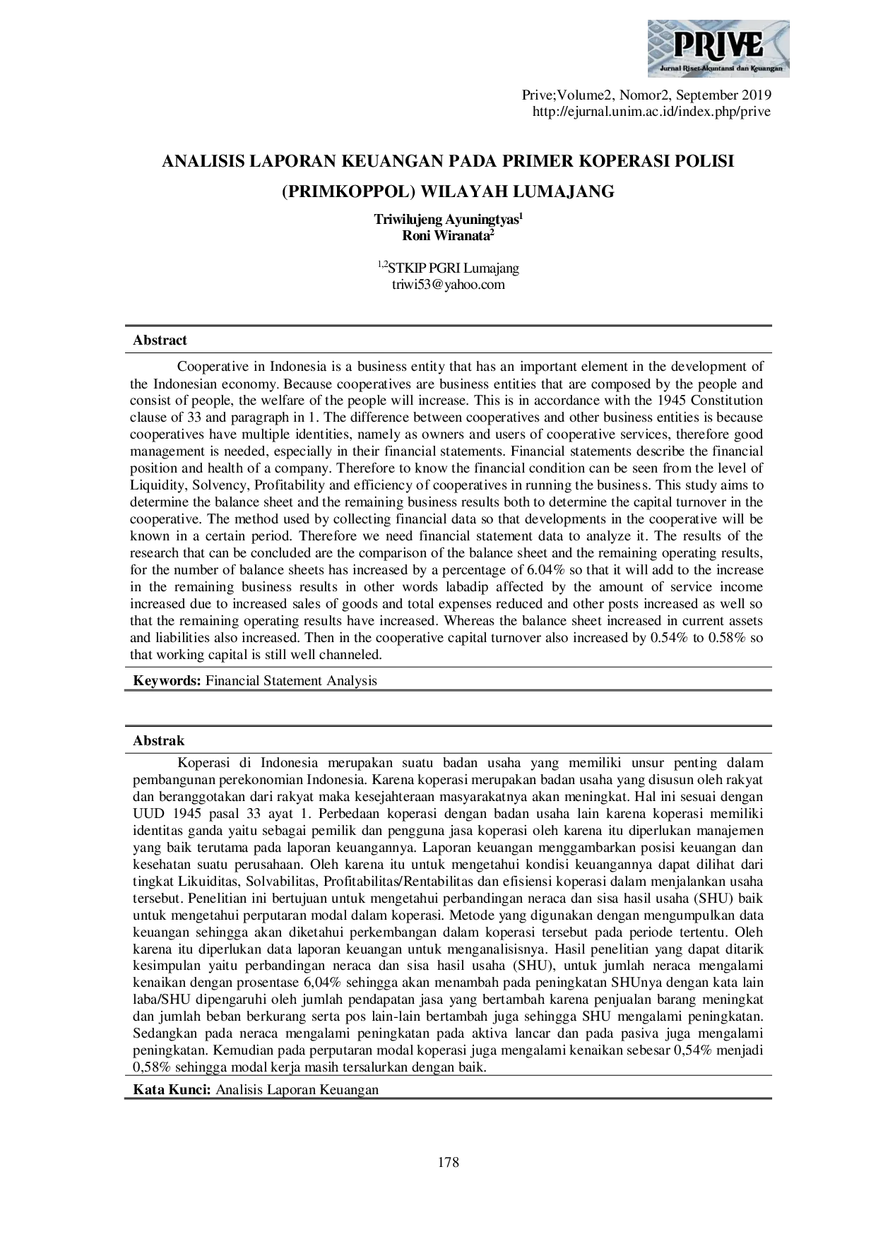 JURIS Analisis Laporan Keuangan Pada Primer Koperasi Polisi PRIMKOPPOL Wilayah Lumajang