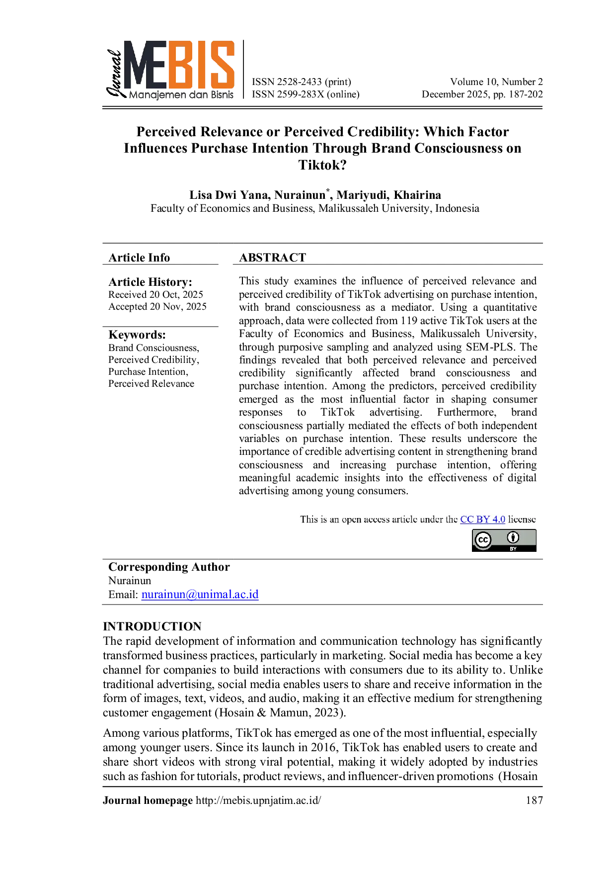 JURIS Perceived Relevance or Perceived Credibility Which Factor Influences Purchase Intention Through Brand Consciousness on Tiktok