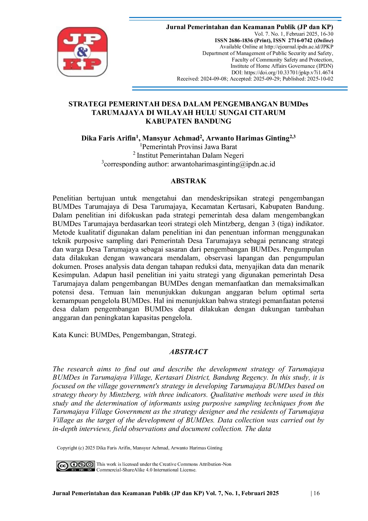 JURIS Strategi Pemerintah Desa dalam Pengembangan BUMDes Tarumajaya di Wilayah Hulu Sungai Citarum Kabupaten Bandung
