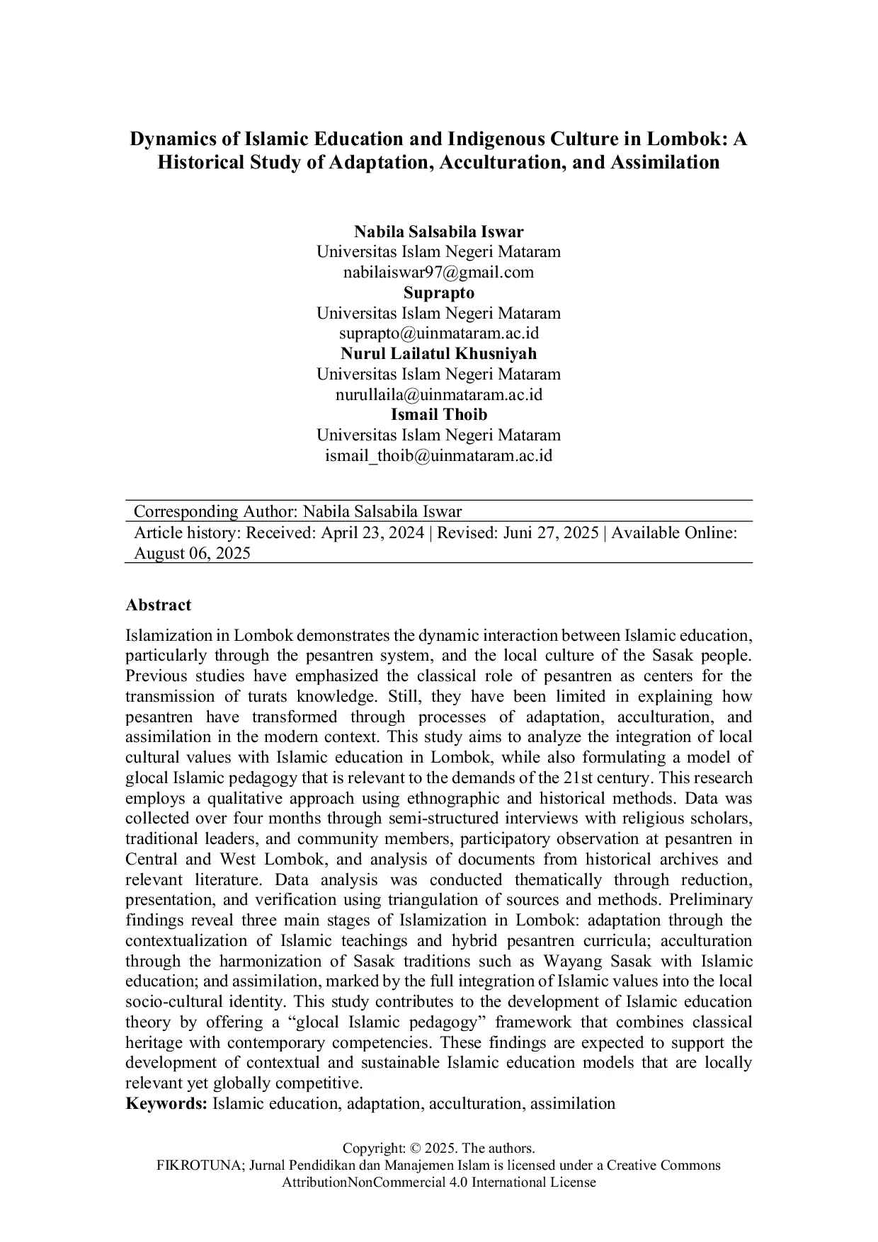 JURIS Dynamics Dynamics of Islamic Education and Indigenous Culture in Lombok A Historical Study of Adaptation Acculturation and Assimilation