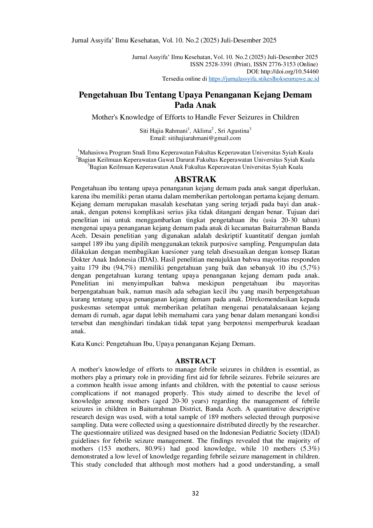 JURIS Pengetahuan Ibu Tentang Upaya Penanganan Kejang Demam pada Anak di Kecamatan Baiturrahman Banda Aceh