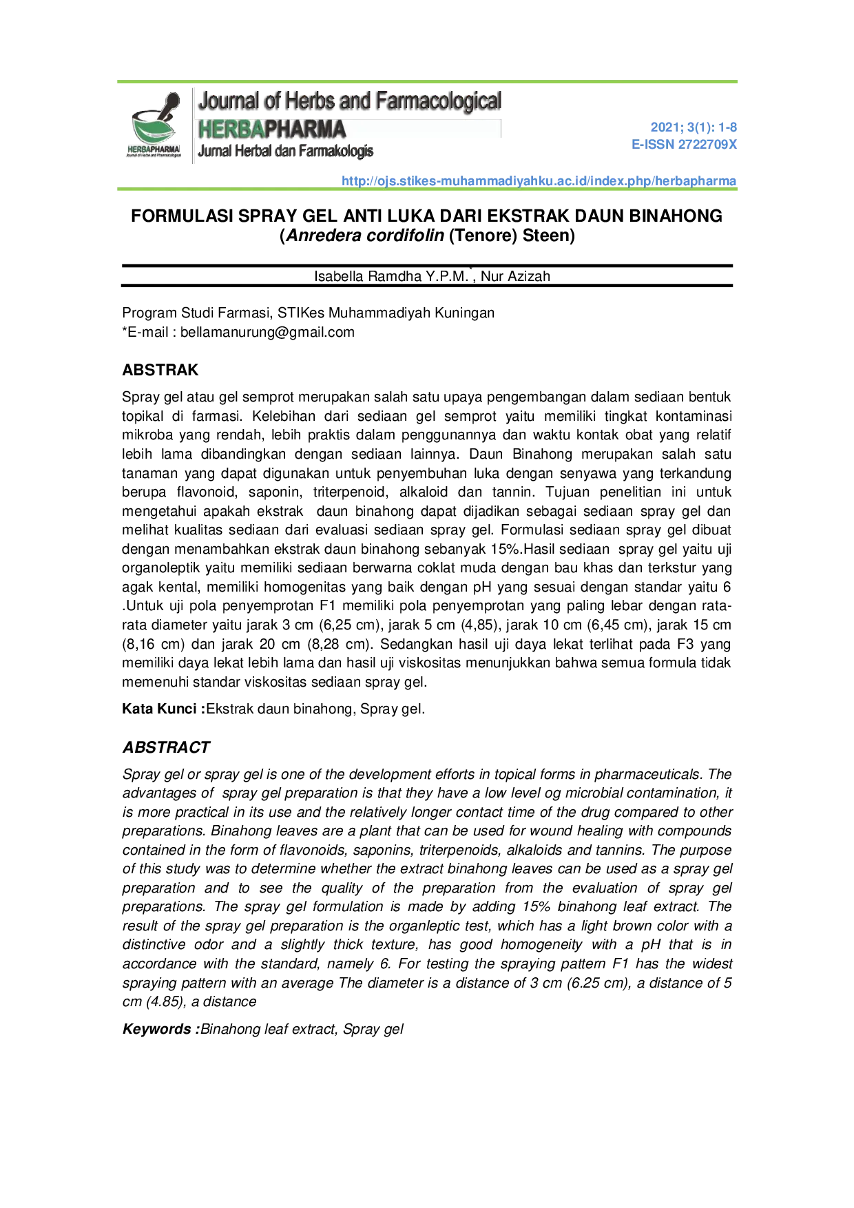 JURIS FORMULASI SPRAY GEL ANTI LUKA DARI EKSTRAK DAUN BINAHONG Anredera cordifolin Tenore Steen