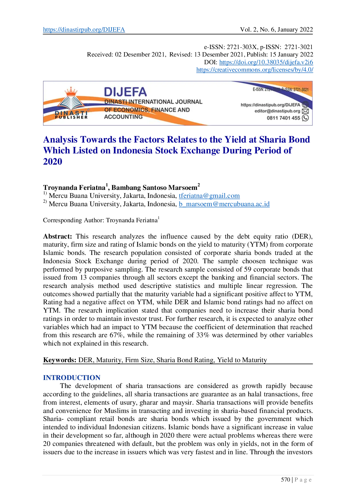 juris Analysis Towards the Factors Relates to the Yield at Sharia Bond Which Listed on Indonesia Stock Exchange During Period of 2020