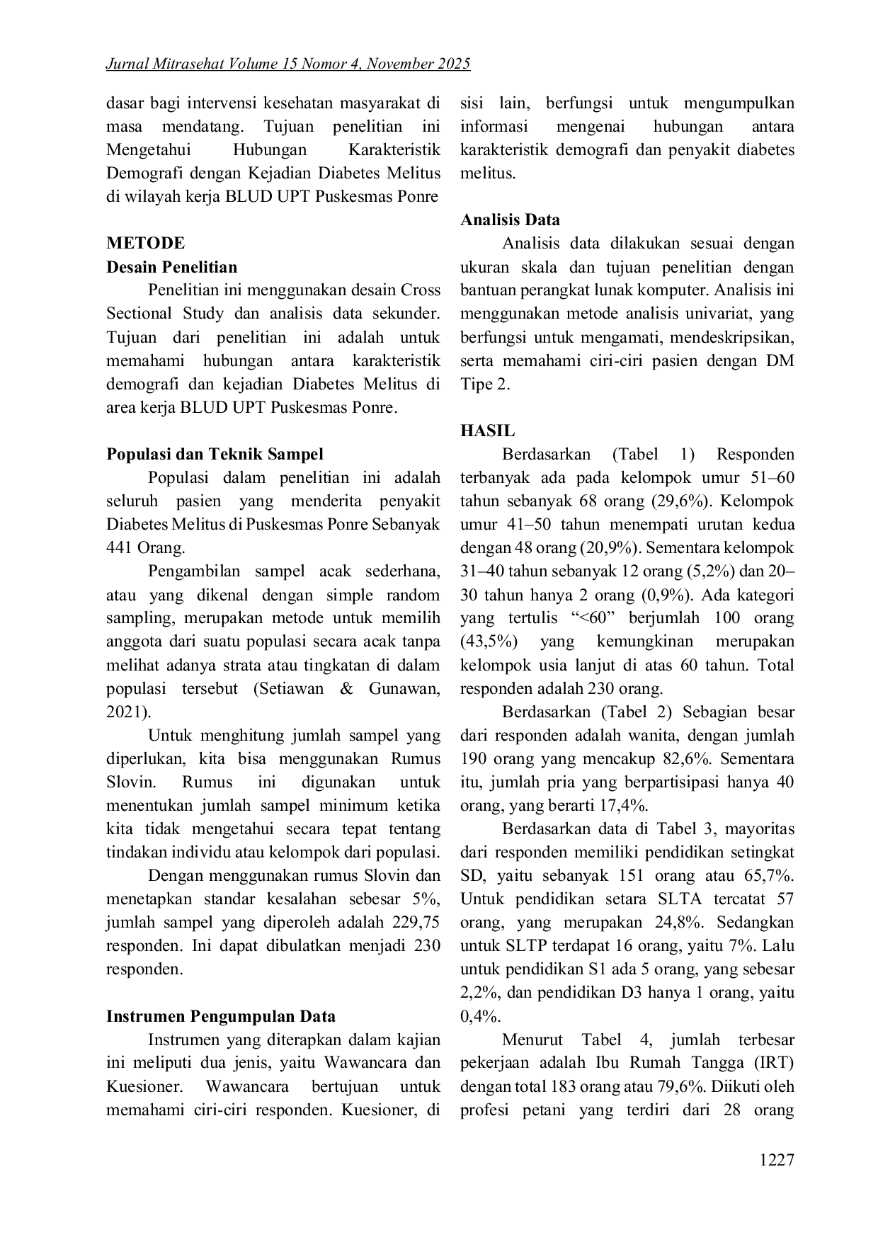 JURIS Karakteristik Demografi Berdasarkan Kejadian Diabetes Melitus Di Wilayah Kerja Blud Upt Puskesmas Ponre Kab Bulukumba