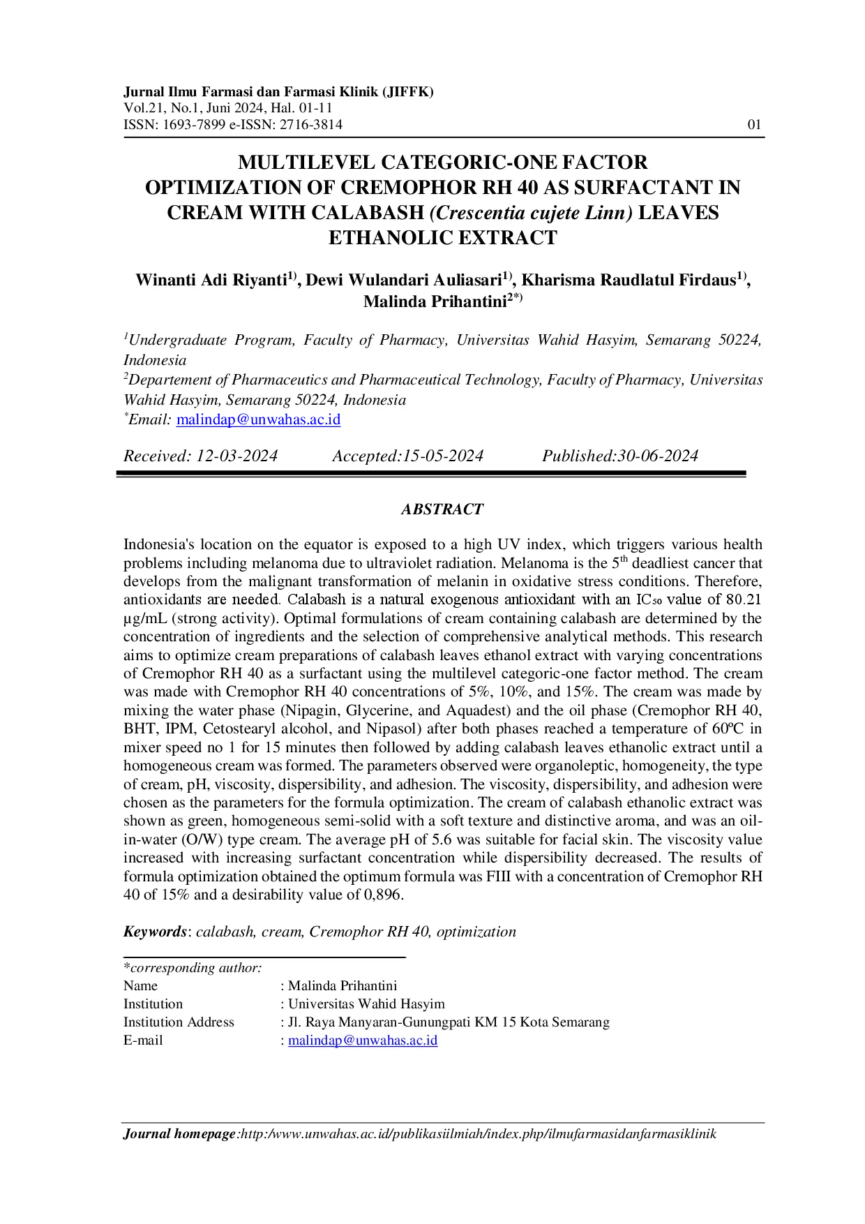 juris Multilevel Categoric One Factor Optimization of Cremophor RH 40 as Surfactant in Cream with Calabash Crescentia cujete Linn Leaves Ethanolic Extract