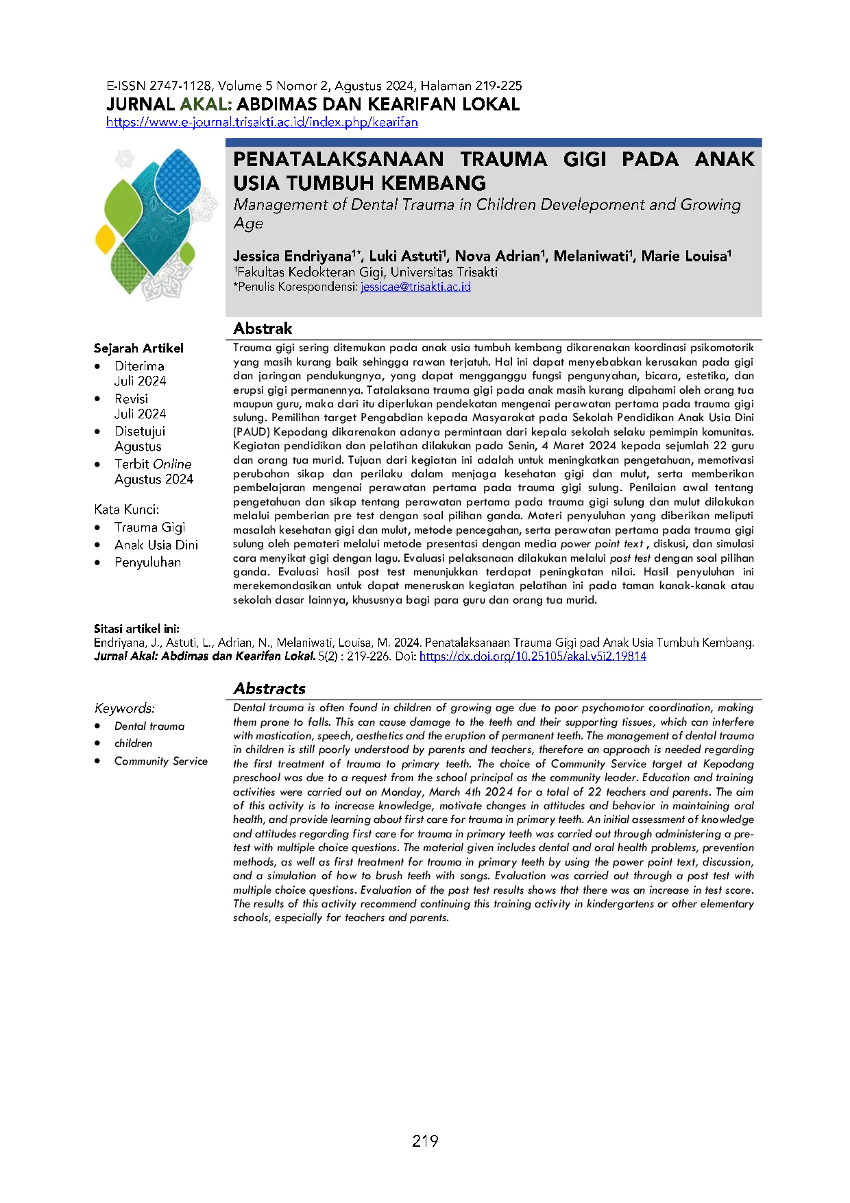 JURIS Pendekatan Perawatan Pertama pada Trauma Gigi Sulung pada Anak Usia Tumbuh Kembang