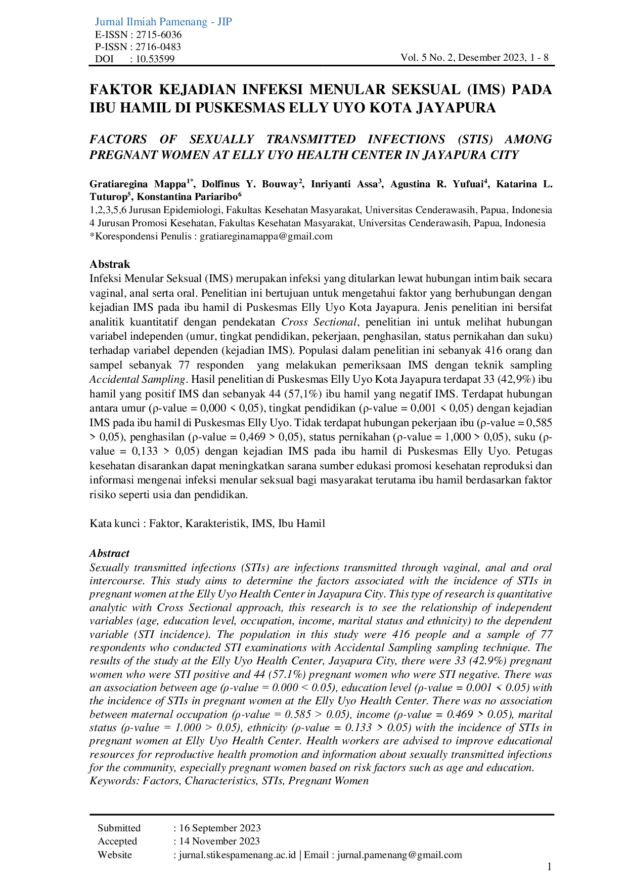 JURIS Faktor Kejadian Infeksi Menular Seksual IMS Pada Ibu Hamil Di Puskesmas Elly Uyo Kota Jayapura