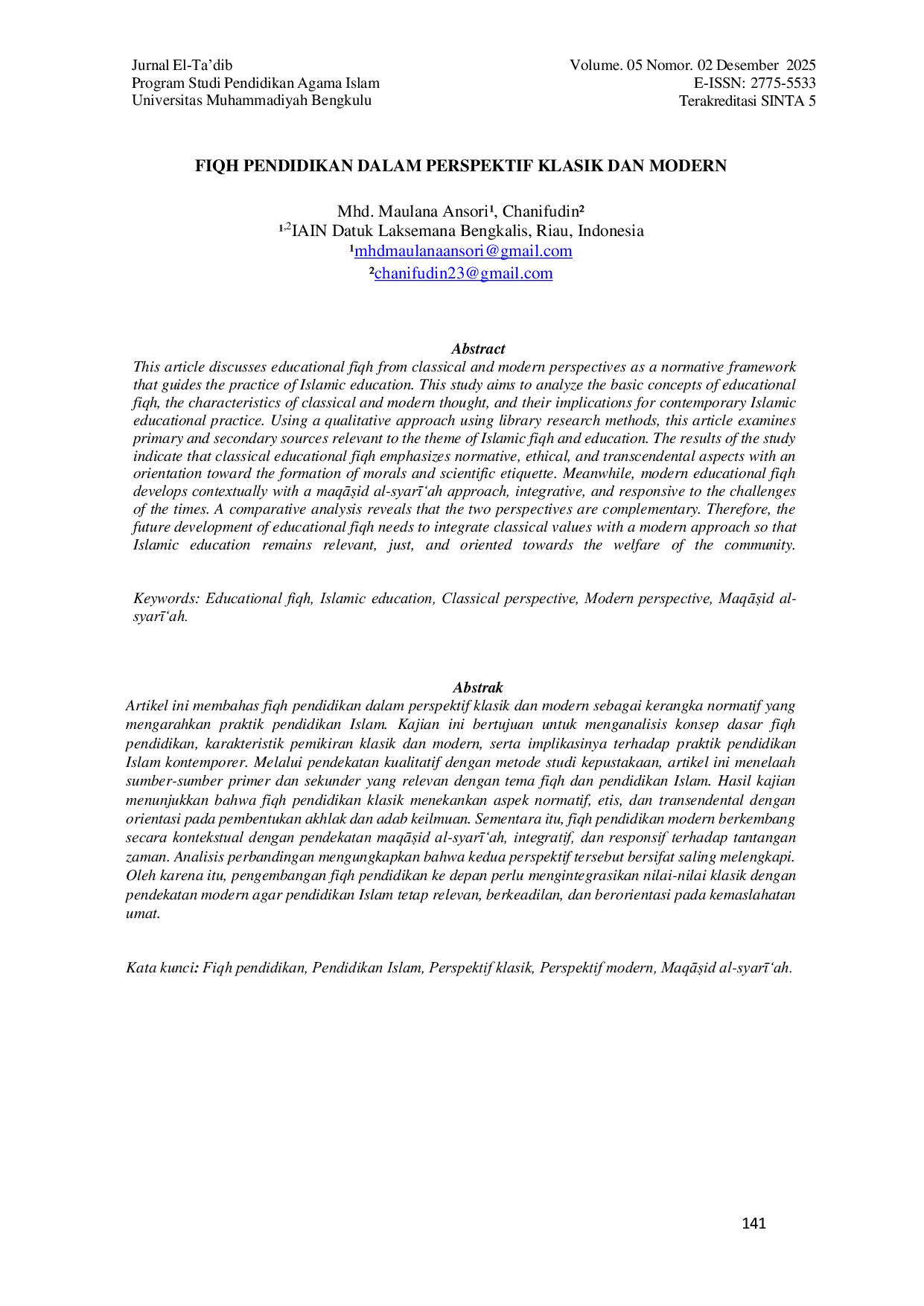 JURIS Fiqh Pendidikan dalam Perspektif Klasik dan Modern