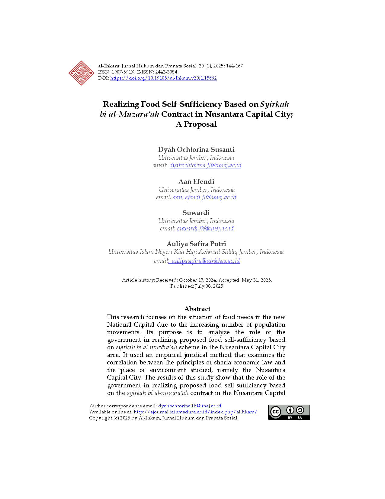 juris Realizing Food Self Sufficiency Based on Syirkah bi al MuzAra ah Contract in Nusantara Capital City A Proposal