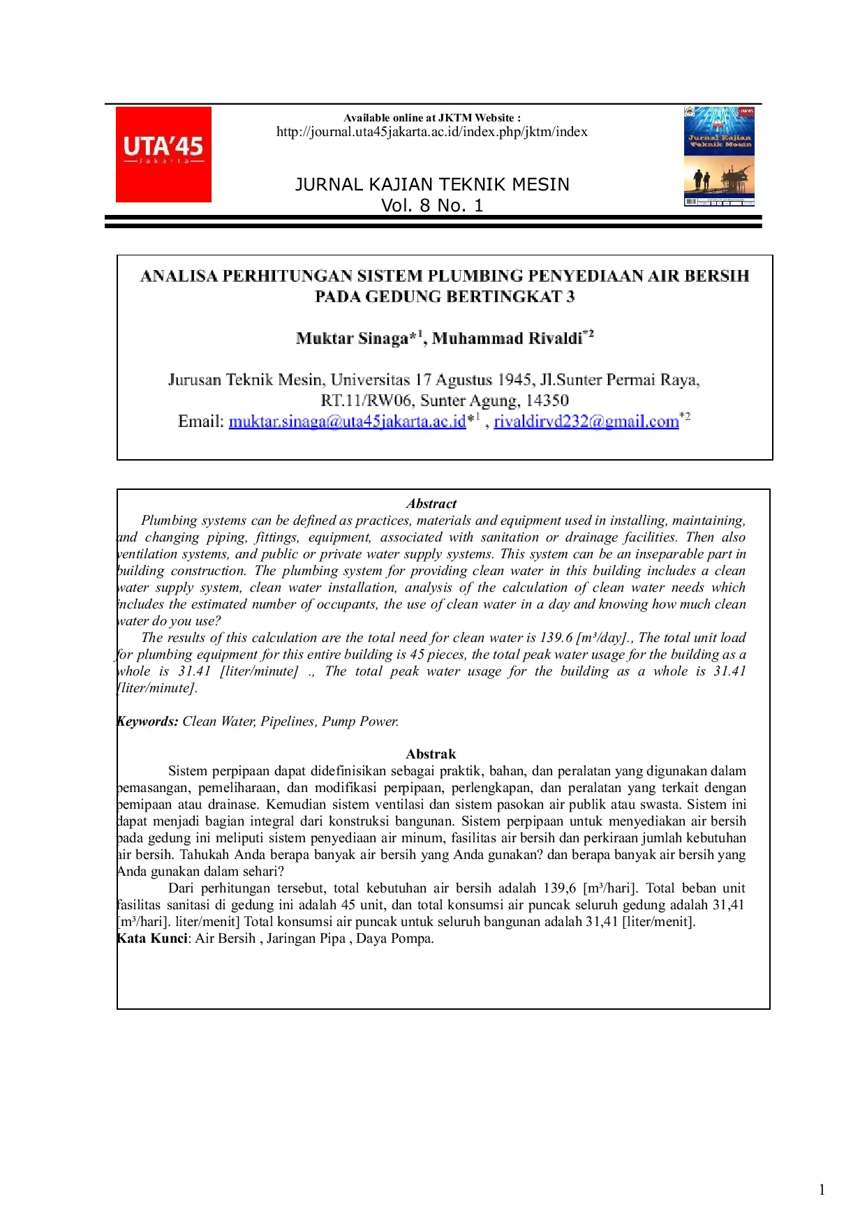 JURIS Perhitungan Kebutuhan Air Bersih Dan Perencanaan Sistem Plumbing Pada Gedung Sekolah Tarakanita