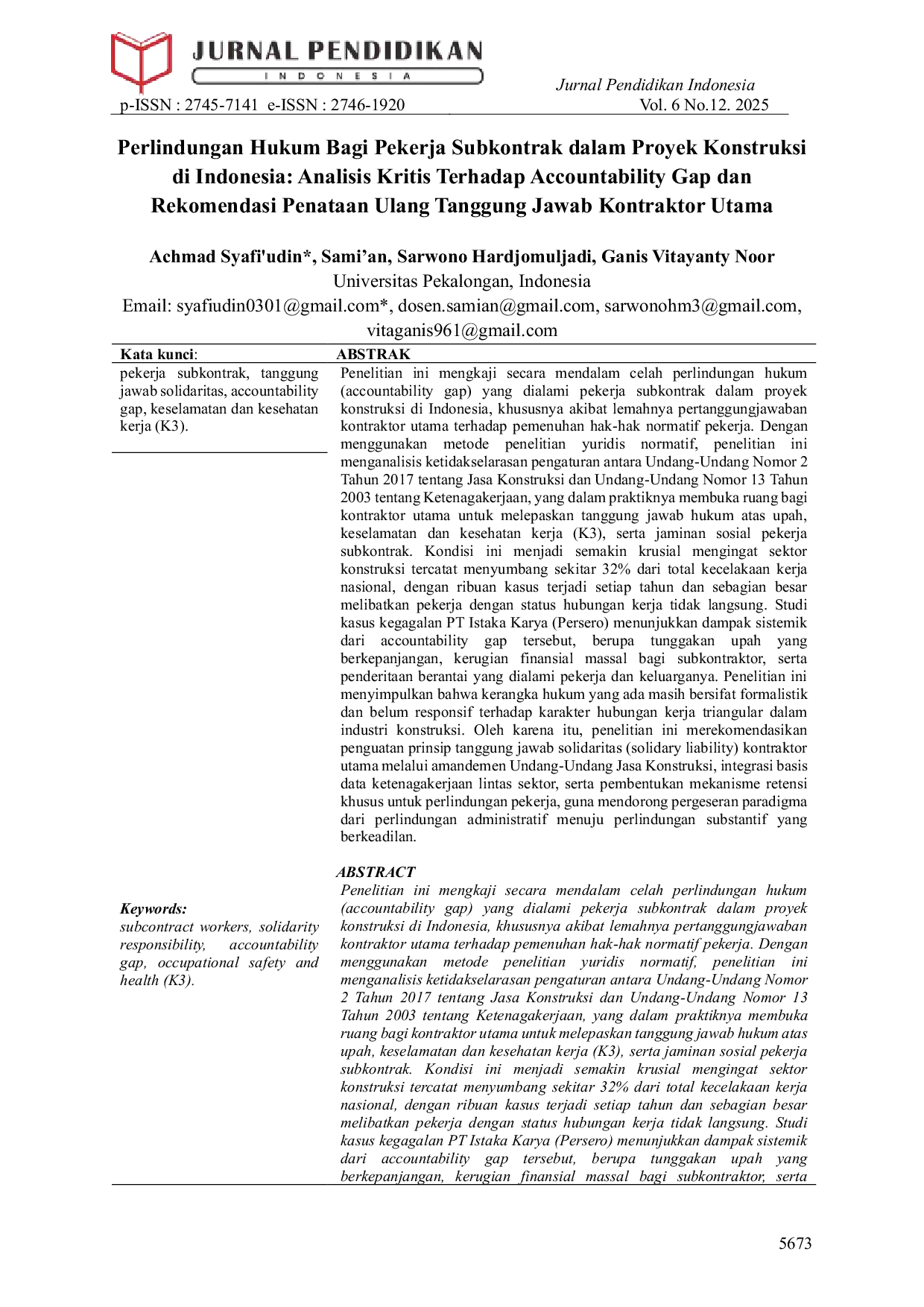 JURIS Perlindungan Hukum Bagi Pekerja Subkontrak dalam Proyek Konstruksi di Indonesia Analisis Kritis Terhadap Accountability Gap dan Rekomendasi Penataan Ulang Tanggung Jawab Kontraktor Utama