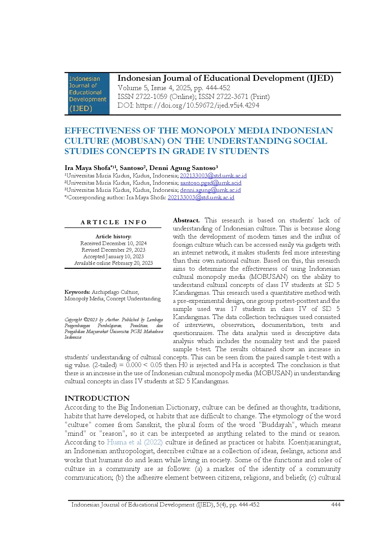 juris Efektivitas Media Monopoli Budaya Indonesia MOBUSAN terhadap Pemahaman Konsep Studi Sosial Siswa Kelas IV