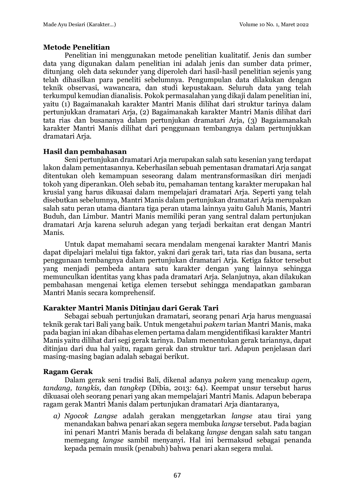 JURIS Karakter Mantri Manis dalam Pertunjukan Dramatari Arja