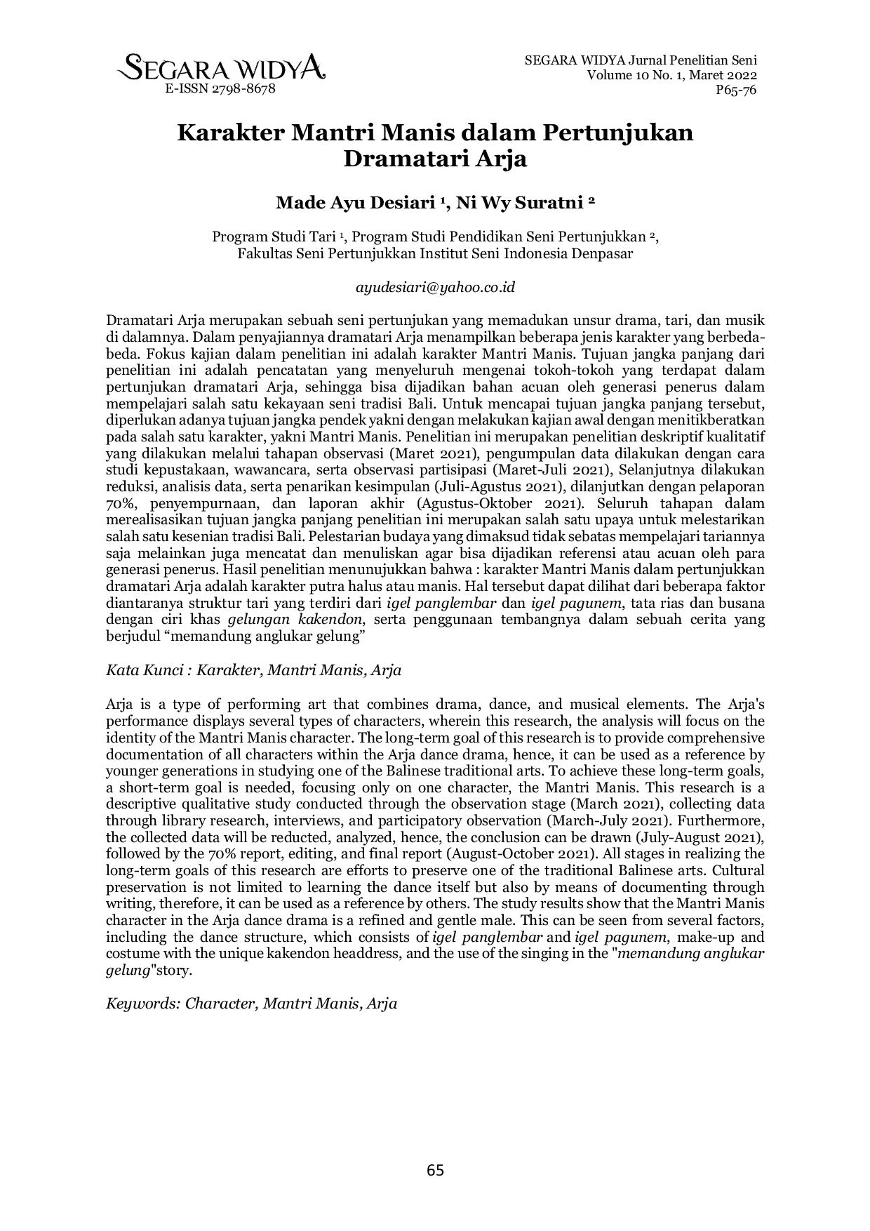 JURIS Karakter Mantri Manis dalam Pertunjukan Dramatari Arja