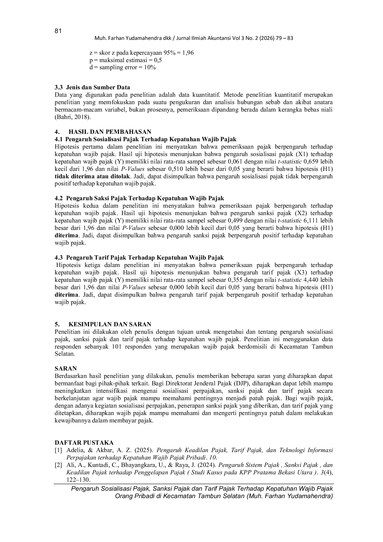 JURIS Pengaruh Sosialisasi Pajak Sanksi Pajak dan Tarif Pajak Terhadap Kepatuhan Wajib Pajak Orang Pribadi di Kecamatan Tambun Selatan