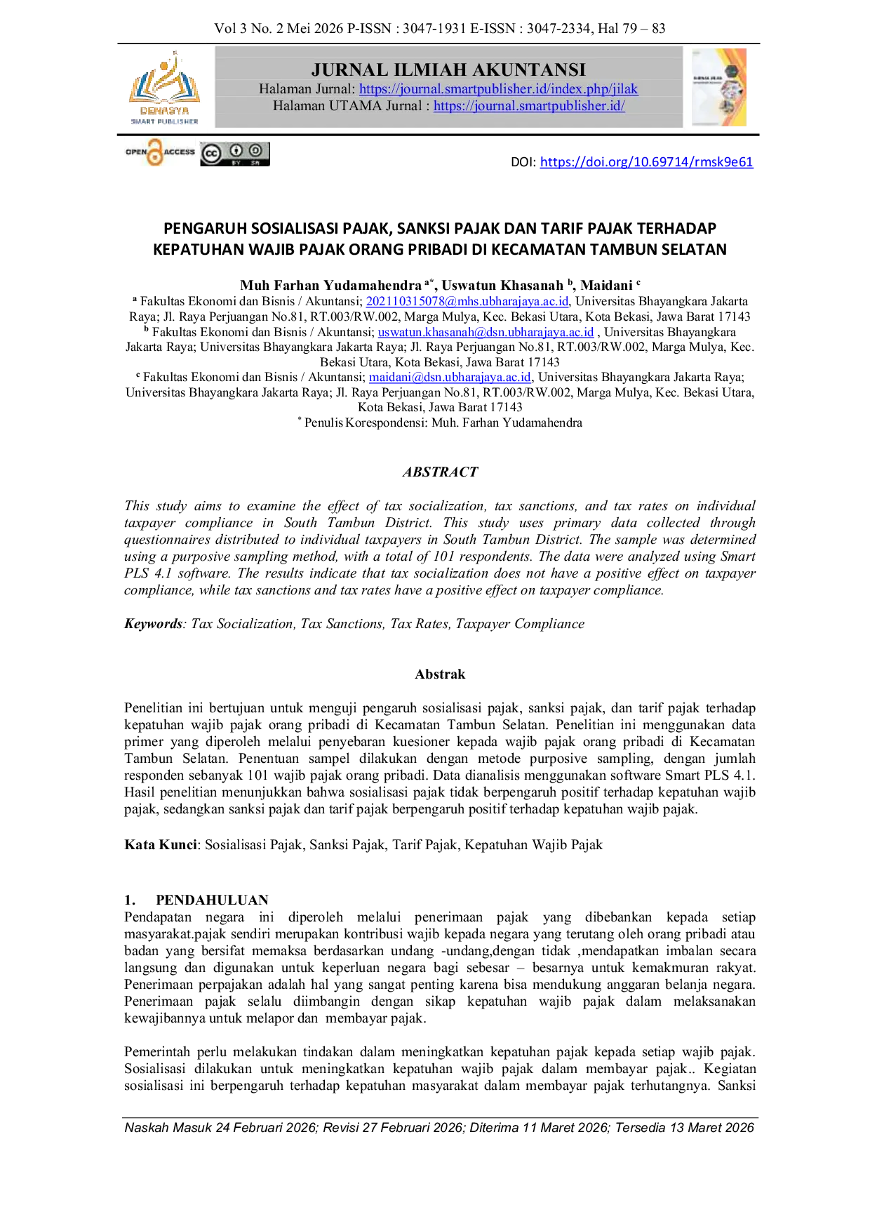 JURIS Pengaruh Sosialisasi Pajak Sanksi Pajak dan Tarif Pajak Terhadap Kepatuhan Wajib Pajak Orang Pribadi di Kecamatan Tambun Selatan