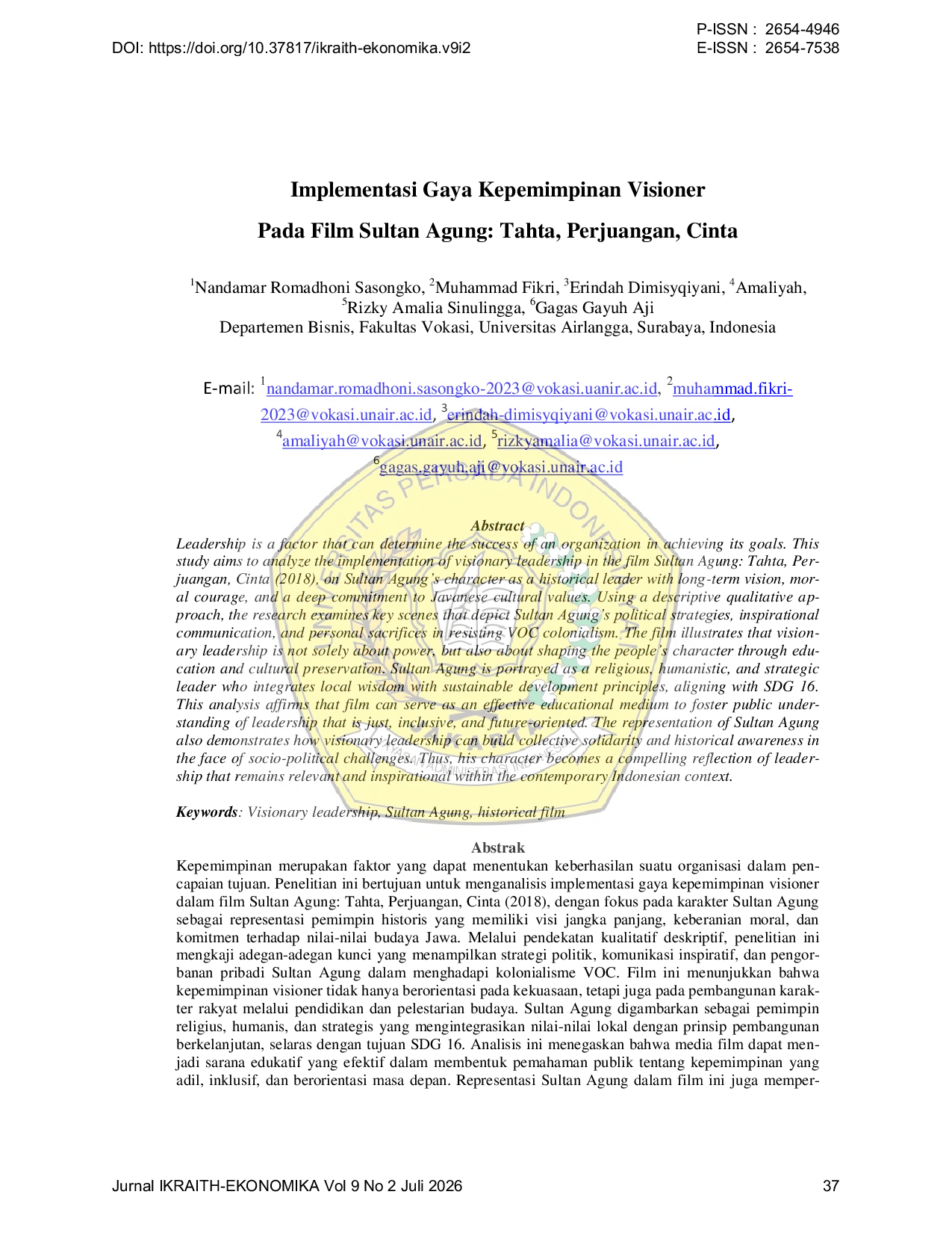 JURIS Implementasi Gaya Kepemimpinan Visioner Pada Film Sultan Agung Tahta Perjuangan Cinta
