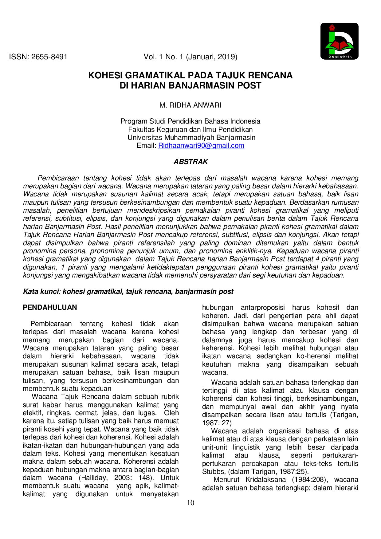 JURIS Kohesi Gramatikal pada Tajuk Rencana di Harian Banjarmasin Post