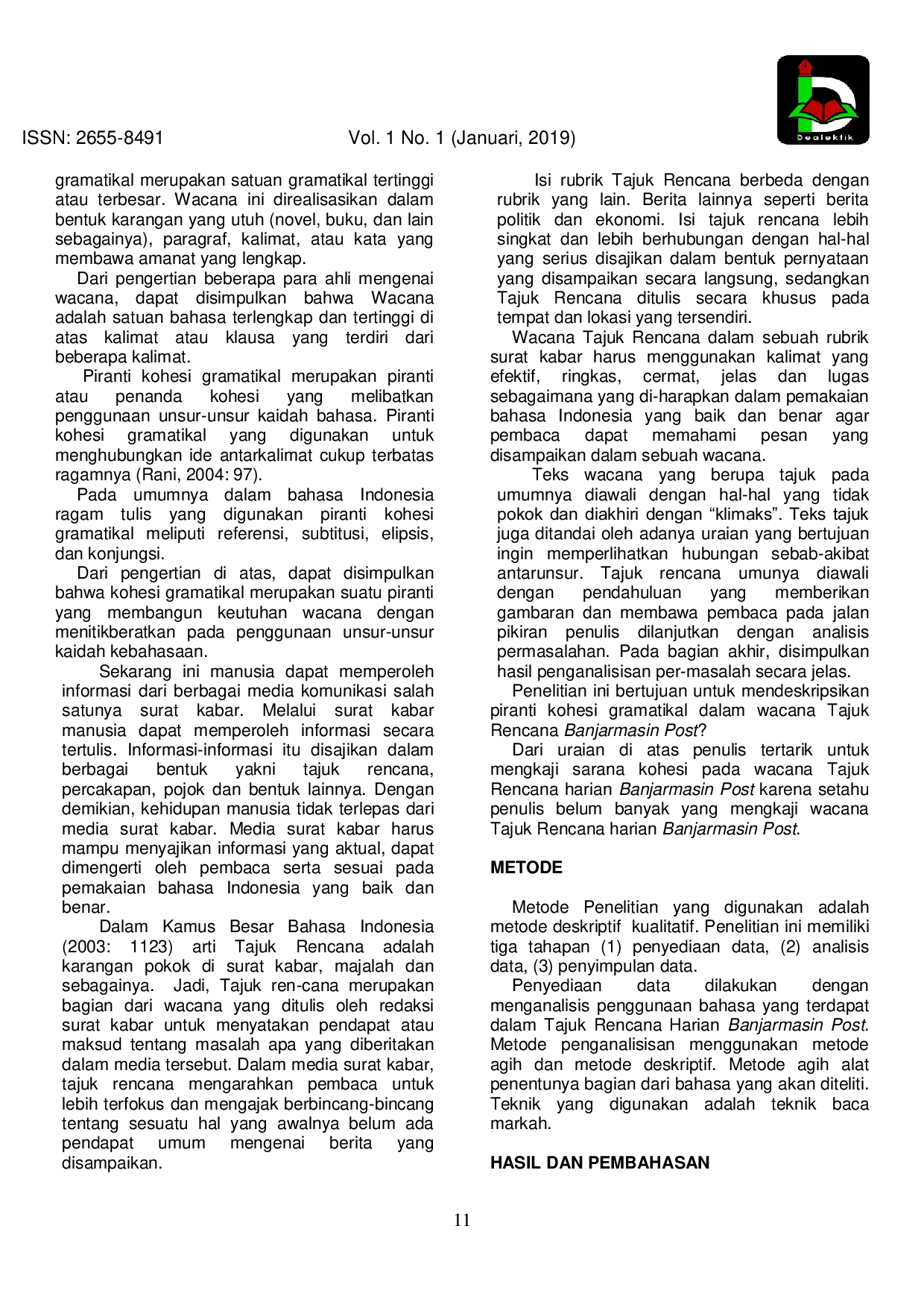 JURIS Kohesi Gramatikal pada Tajuk Rencana di Harian Banjarmasin Post