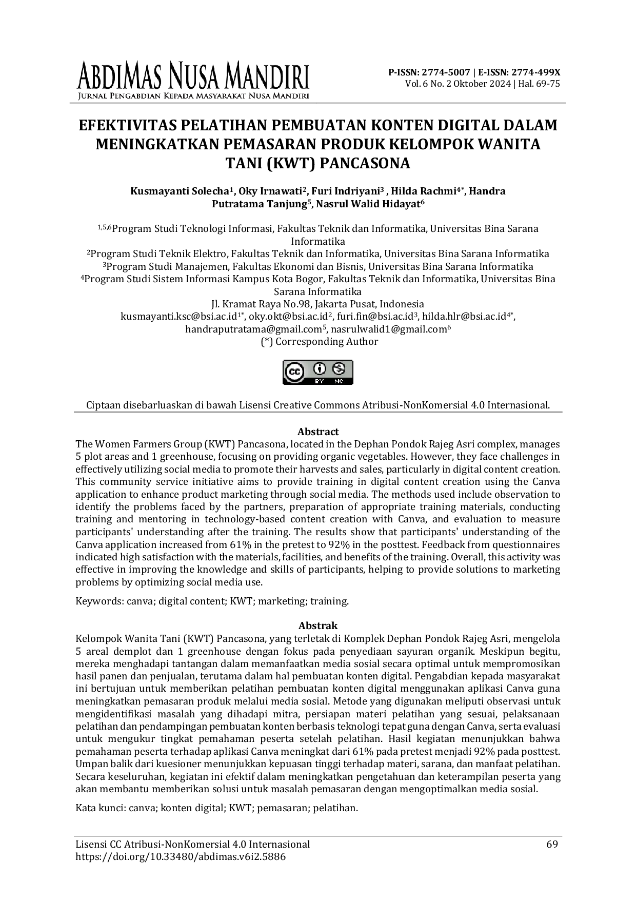 JURIS Efektivitas Pelatihan Pembuatan Konten Digital dalam Meningkatkan Pemasaran Produk Kelompok Wanita Tani KWT Pancasona