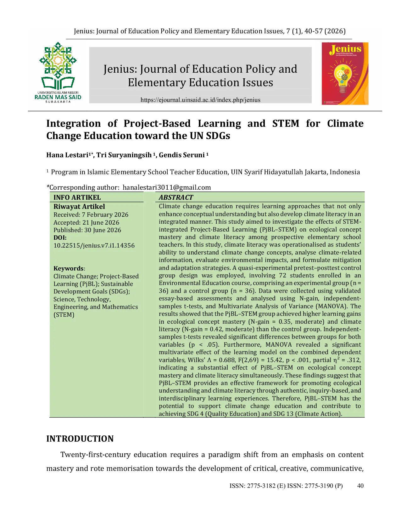 JURIS Integration of Project Based Learning and STEM for Climate Change Education toward the UN SDGs