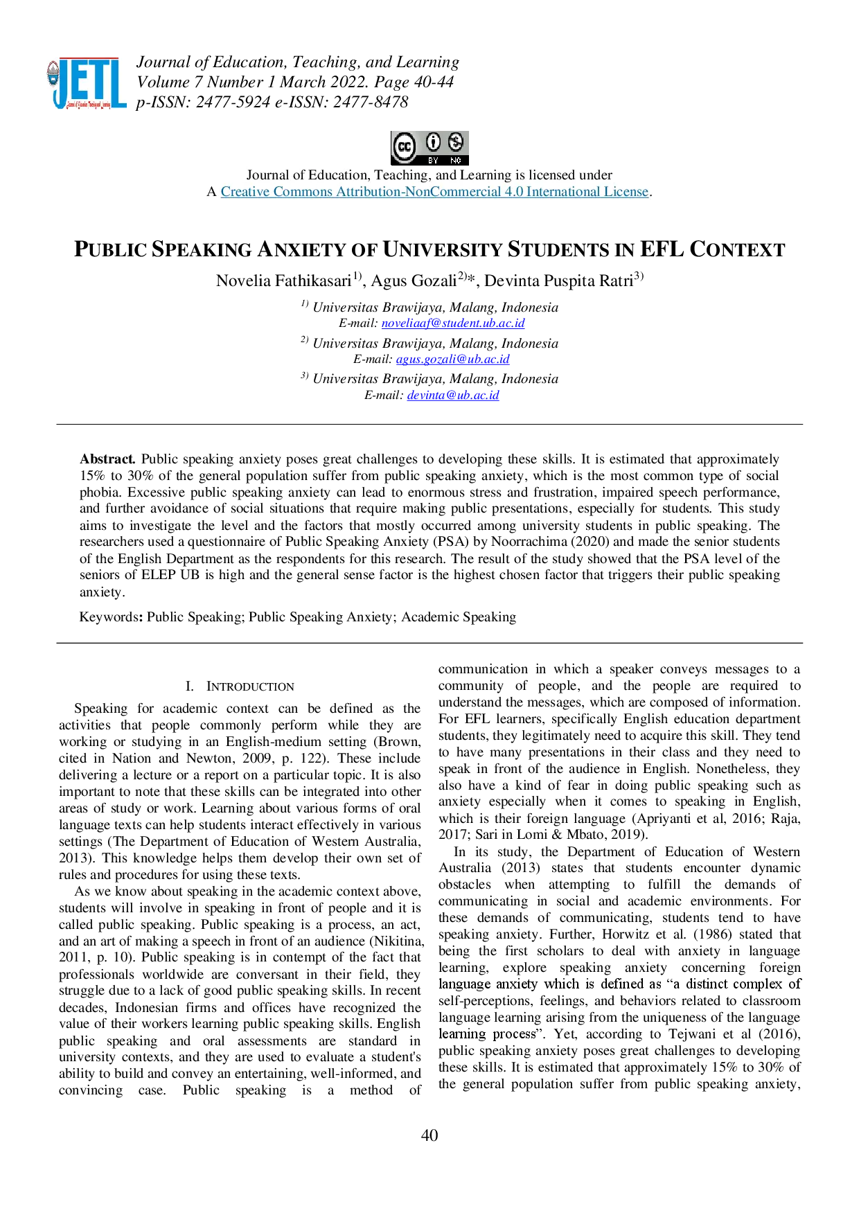 juris Public Speaking Anxiety of University Students in EFL Context