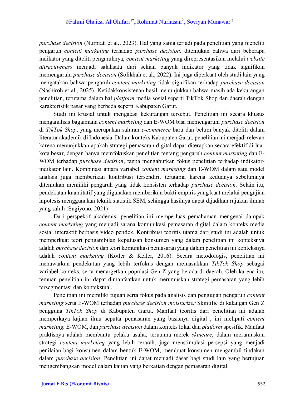 JURIS Content Marketing dan E WOM terhadap Purchase Decision Moisturizer Skintific