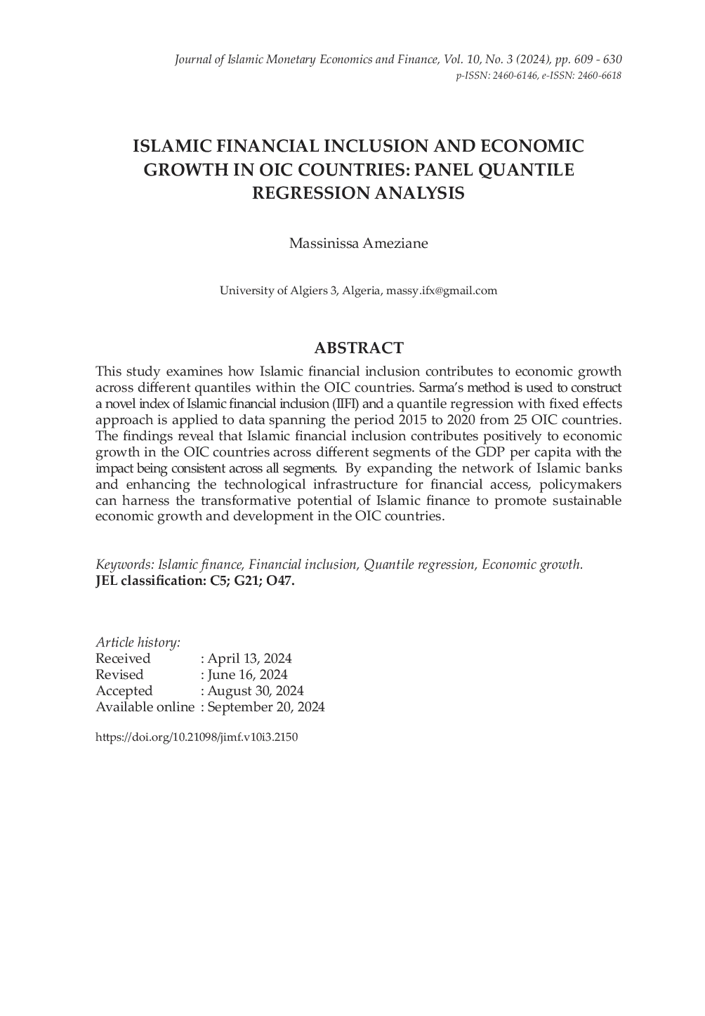 JURIS Islamic Financial Inclusion and Economic Growth in OIC Countries Panel Quantile Regression Analysis