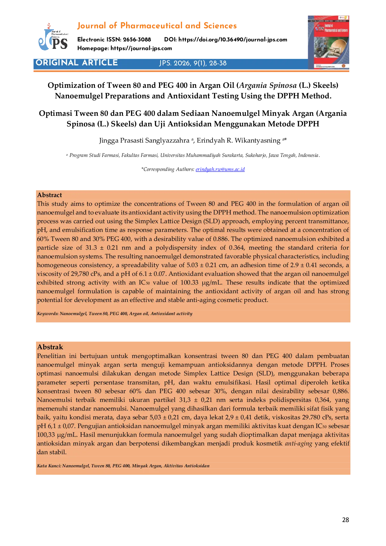 JURIS Optimasi Tween 80 dan PEG 400 dalam Sediaan Nanoemulgel Minyak Argan Argania Spinosa L Skeels dan Uji Antioksidan Menggunakan Metode DPPH