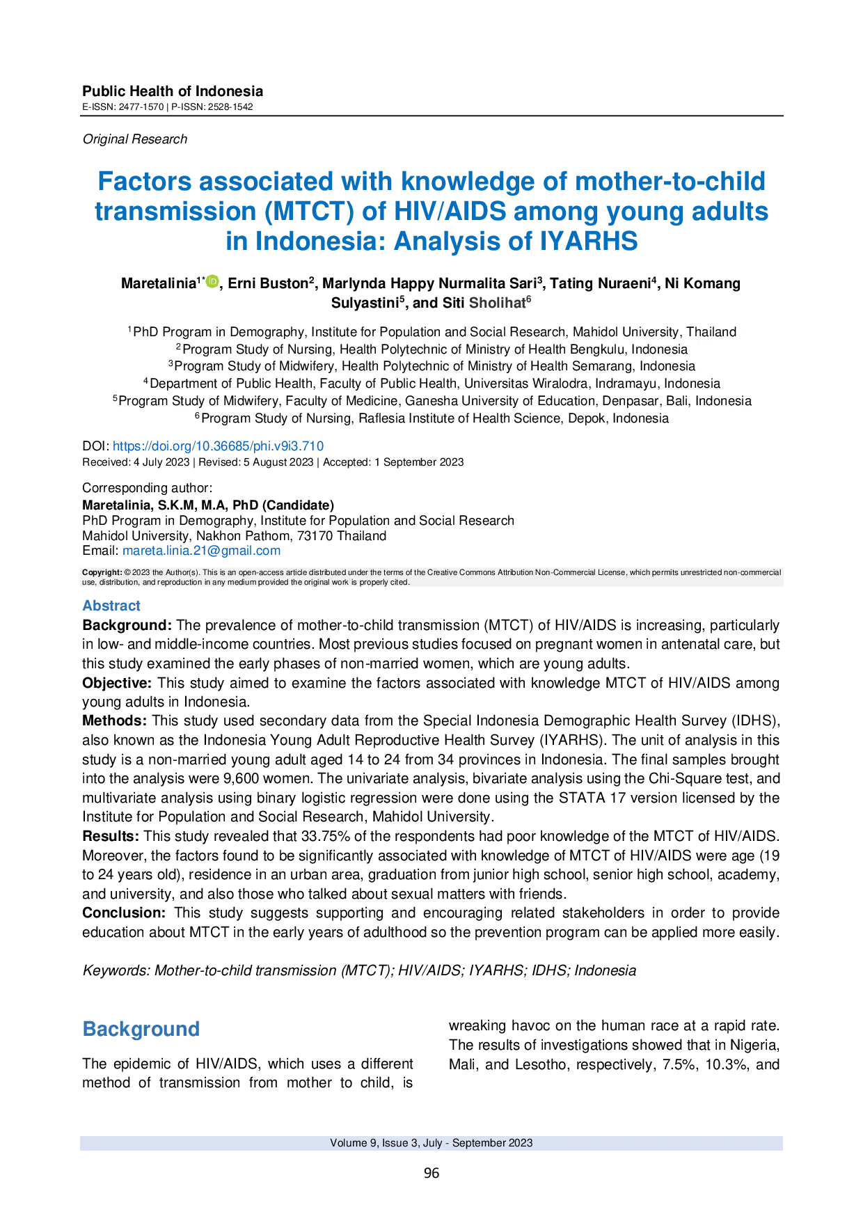 JURIS Factors Associated with Knowledge of Mother to Child Transmission MTCT of HIV AIDS Among Young Adults in Indonesia Analysis of IYARHS