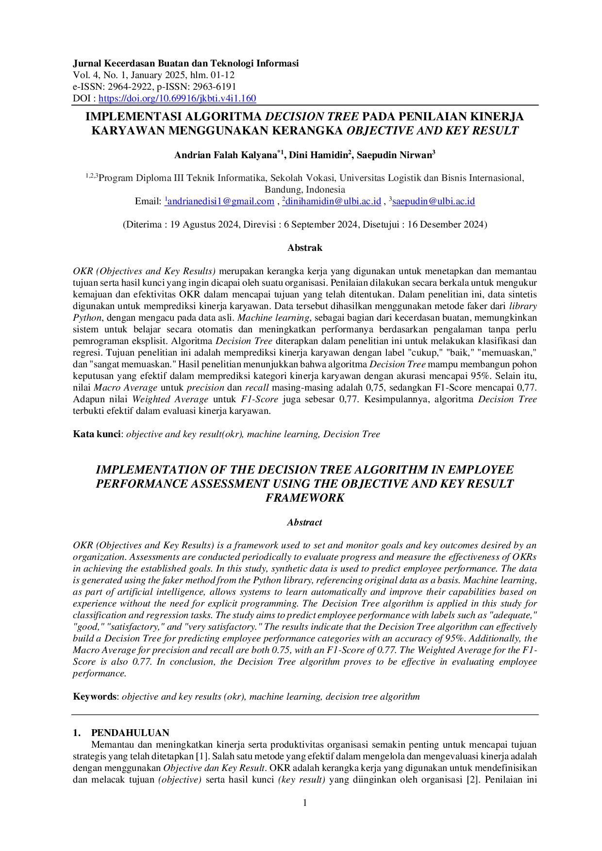 juris Implementasi Algoritma Decision Tree Pada Penilaian Kinerja Karyawan Menggunakan Kerangka Objective And Key Result