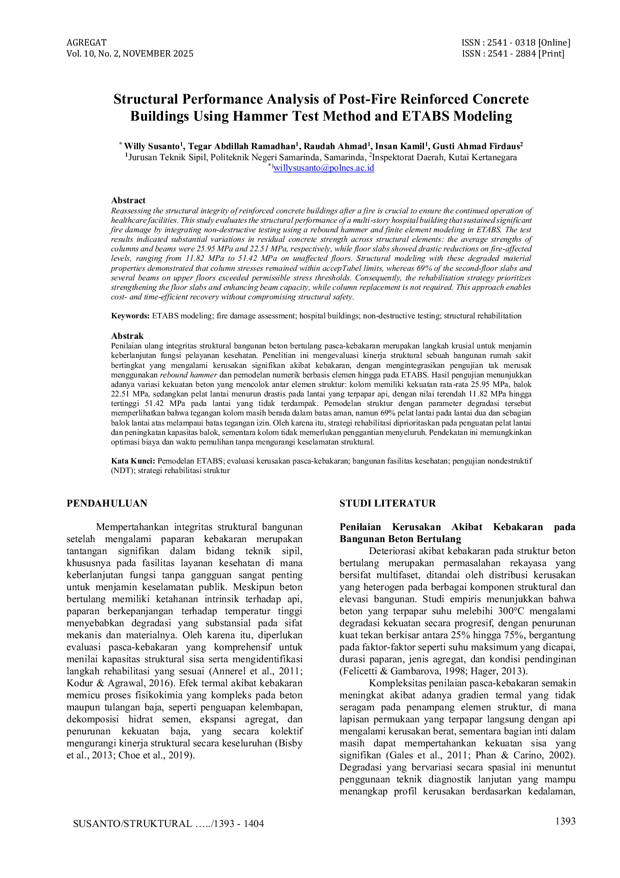 JURIS Structural Performance Analysis of Post Fire Reinforced Concrete Buildings Using Hammer Test Method and ETABS Modeling