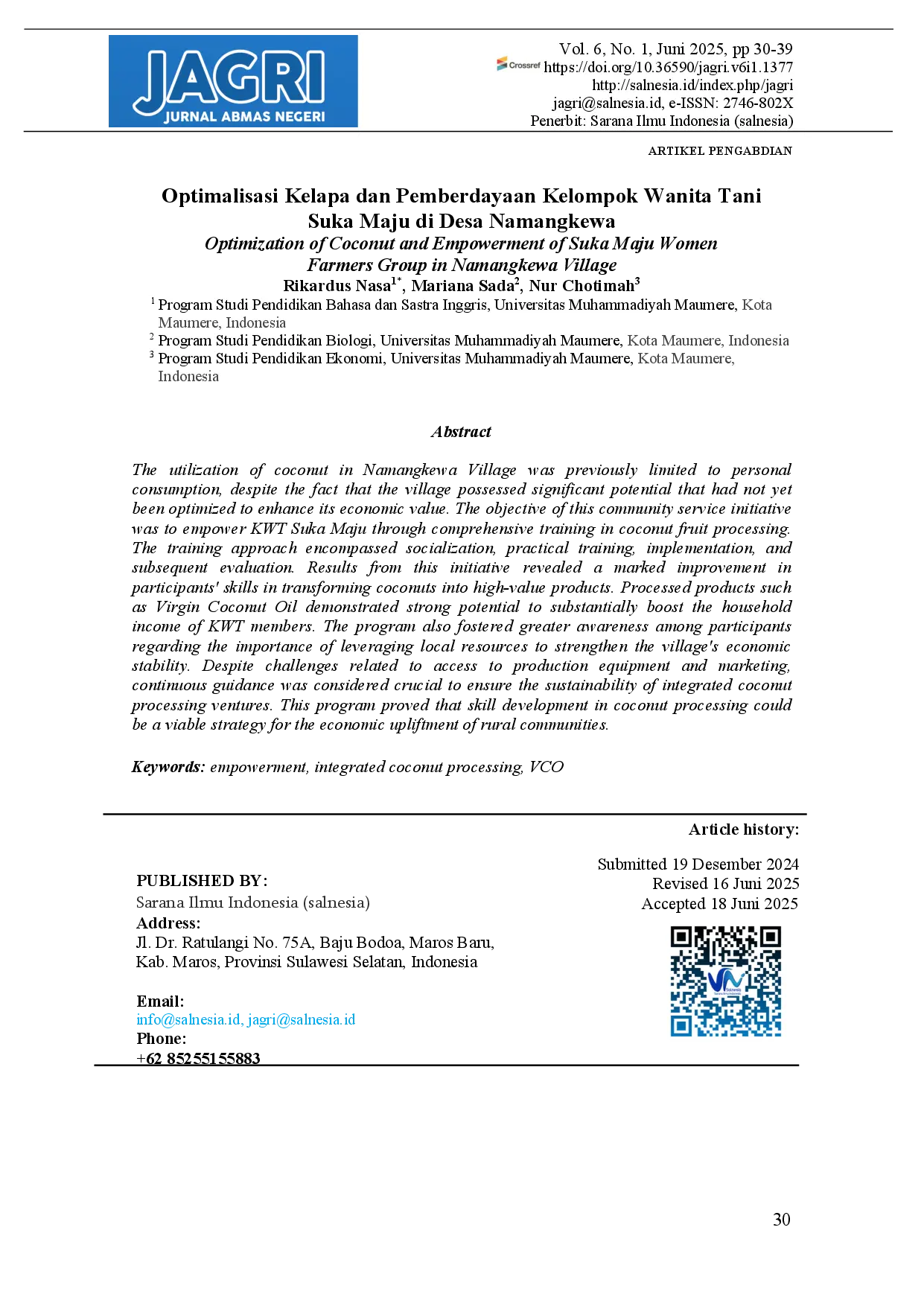 juris Optimization of Coconut and Empowerment of Suka Maju Women Farmers Group in Namangkewa Village