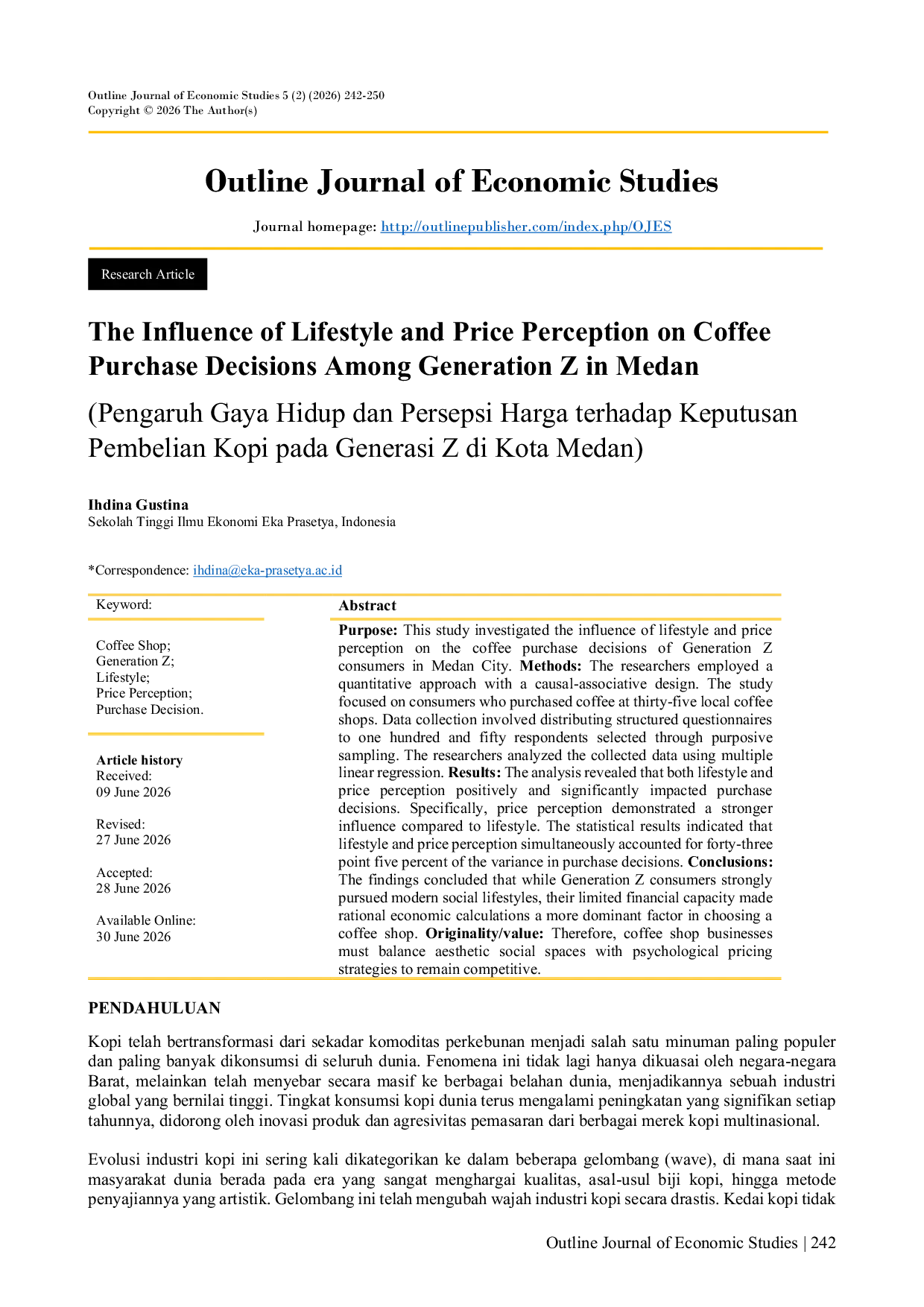 JURIS The Influence of Lifestyle and Price Perception on Coffee Purchase Decisions Among Generation Z in Medan