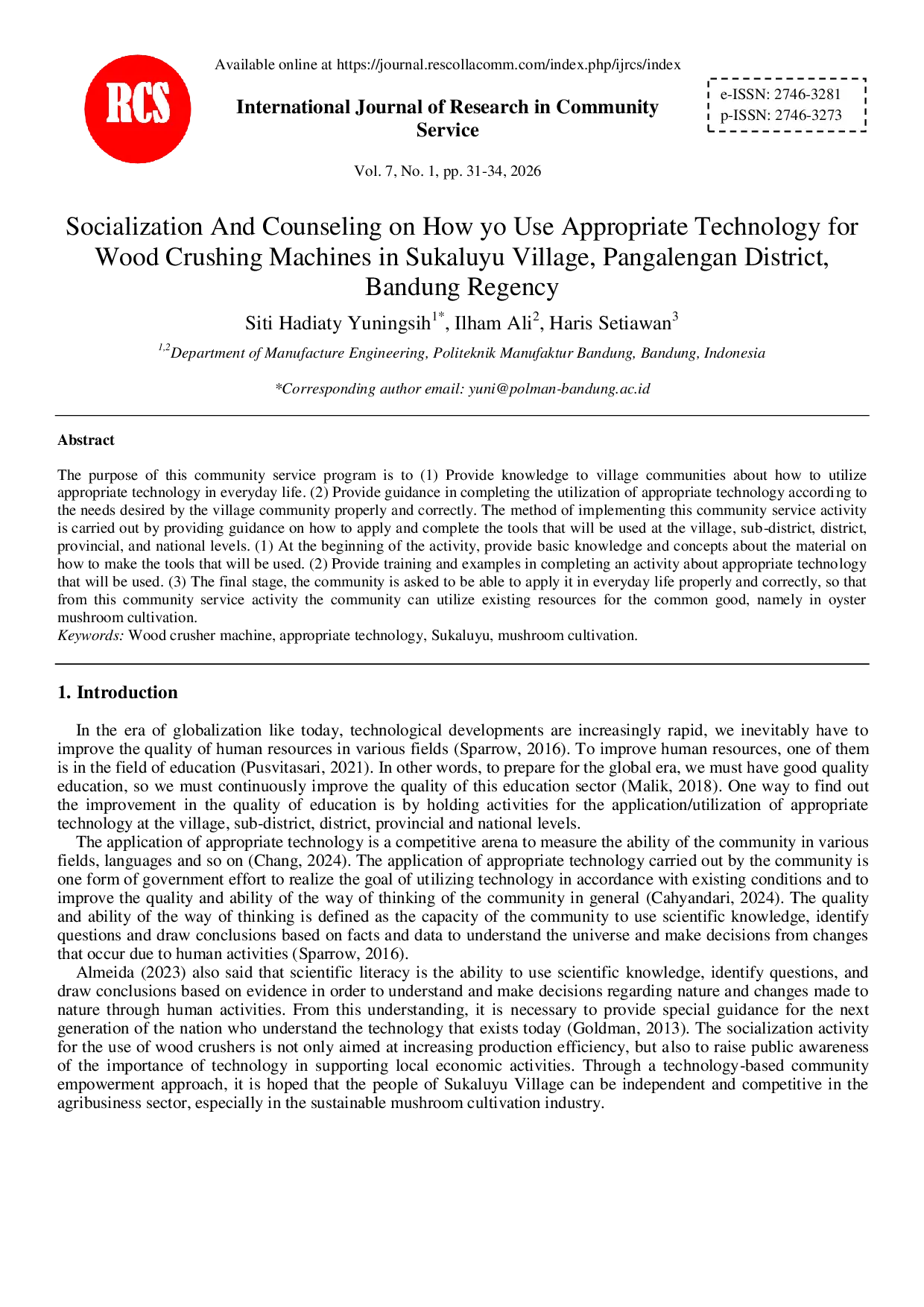 JURIS Socialization And Counseling on How yo Use Appropriate Technology for Wood Crushing Machines in Sukaluyu Village Pangalengan District Bandung Regency