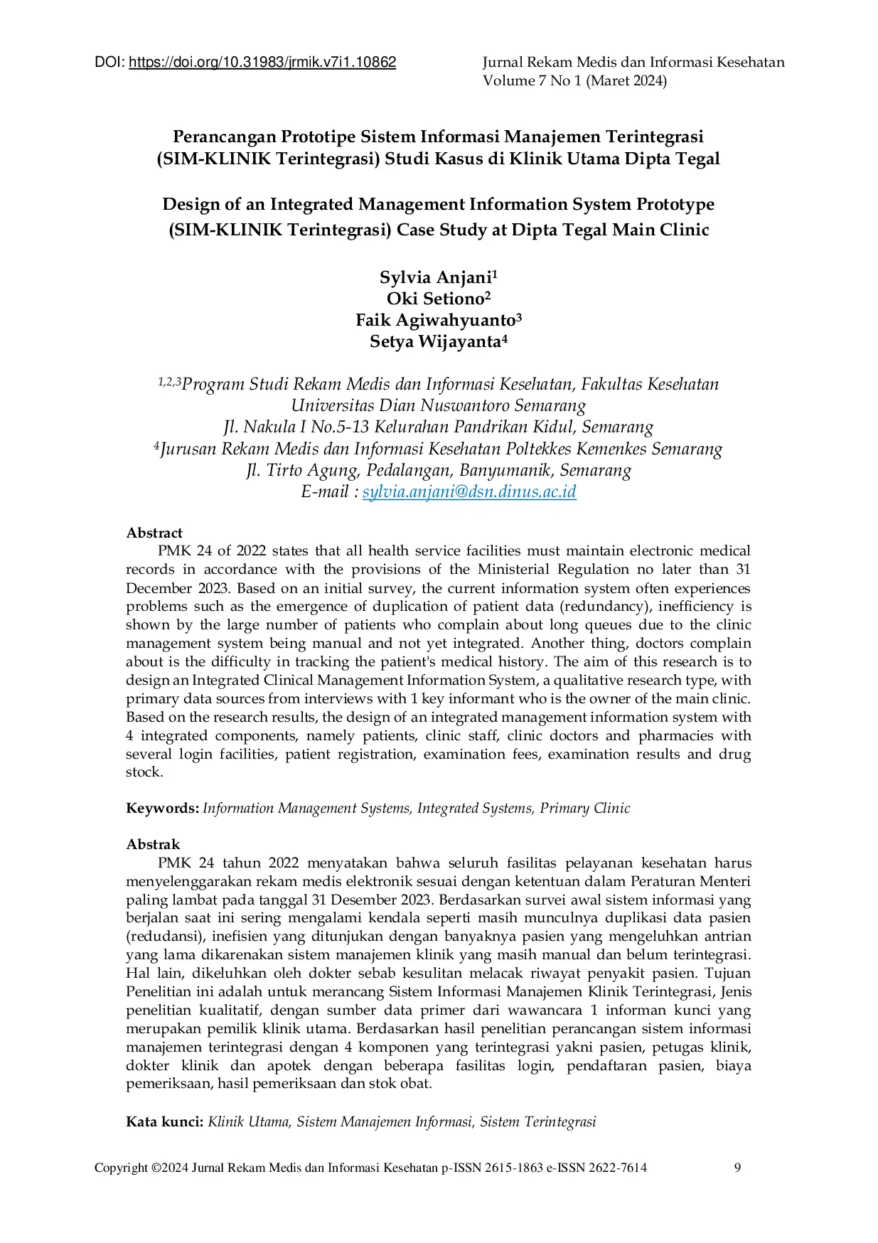 JURIS Perancangan Prototipe Sistem Informasi Manajemen Terintegrasi SIM KLINIK Terintegrasi Studi Kasus di Klinik Utama Dipta Tegal