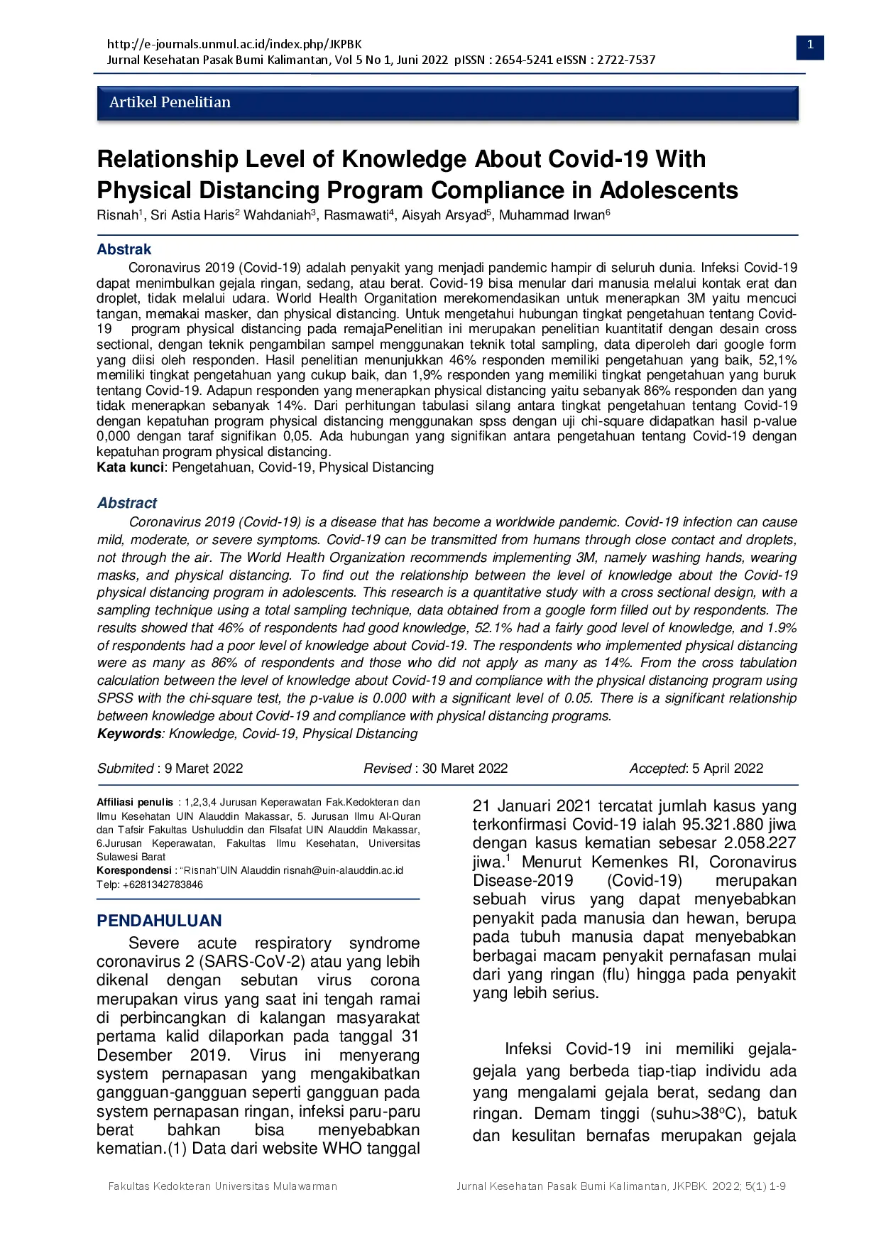 juris Relationship Level of Knowledge About Covid 19 With Physical Distancing Program Compliance in Adolescents